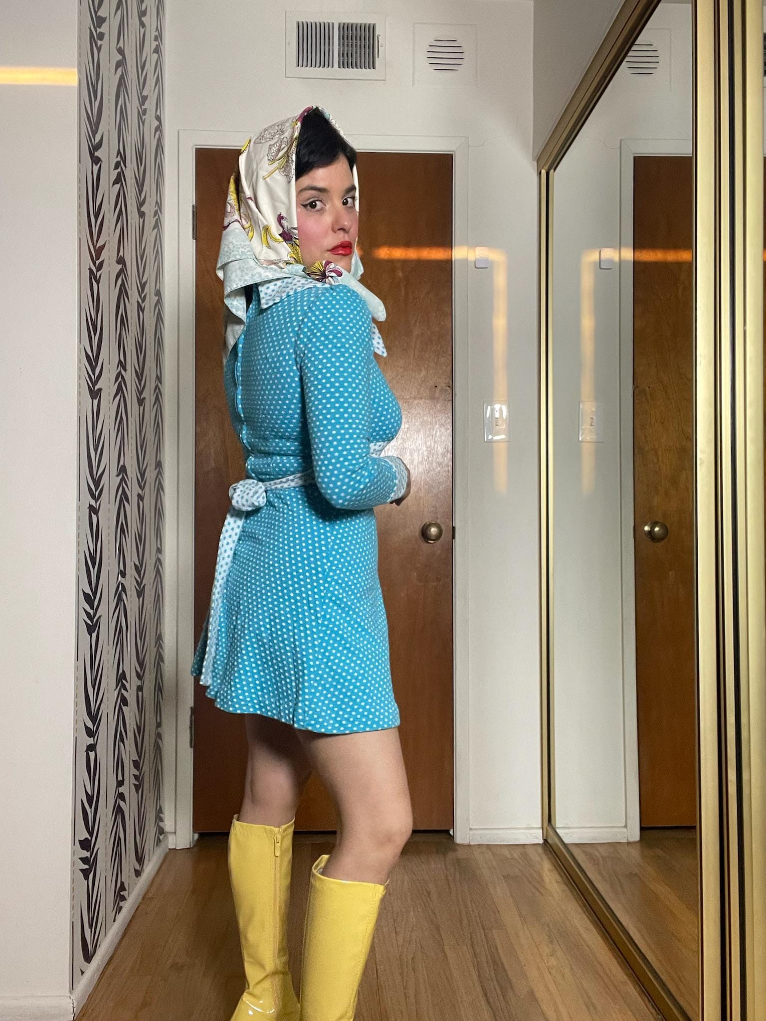 Vintage 60s 70s Blue Tonal Polka Dots Mini Dress - Best Fits Size XS-S