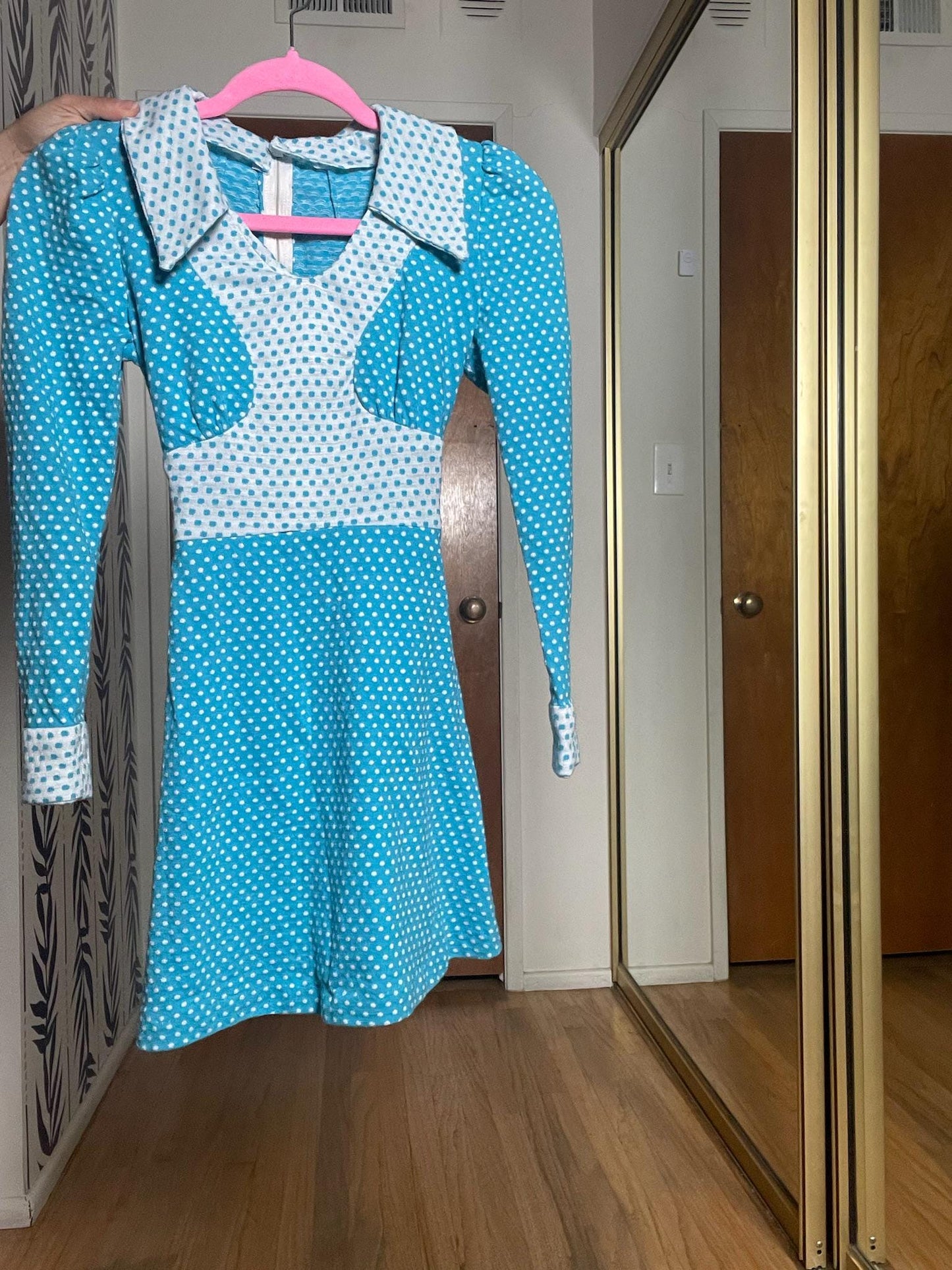 Vintage 60s 70s Blue Tonal Polka Dots Mini Dress - Best Fits Size XS-S