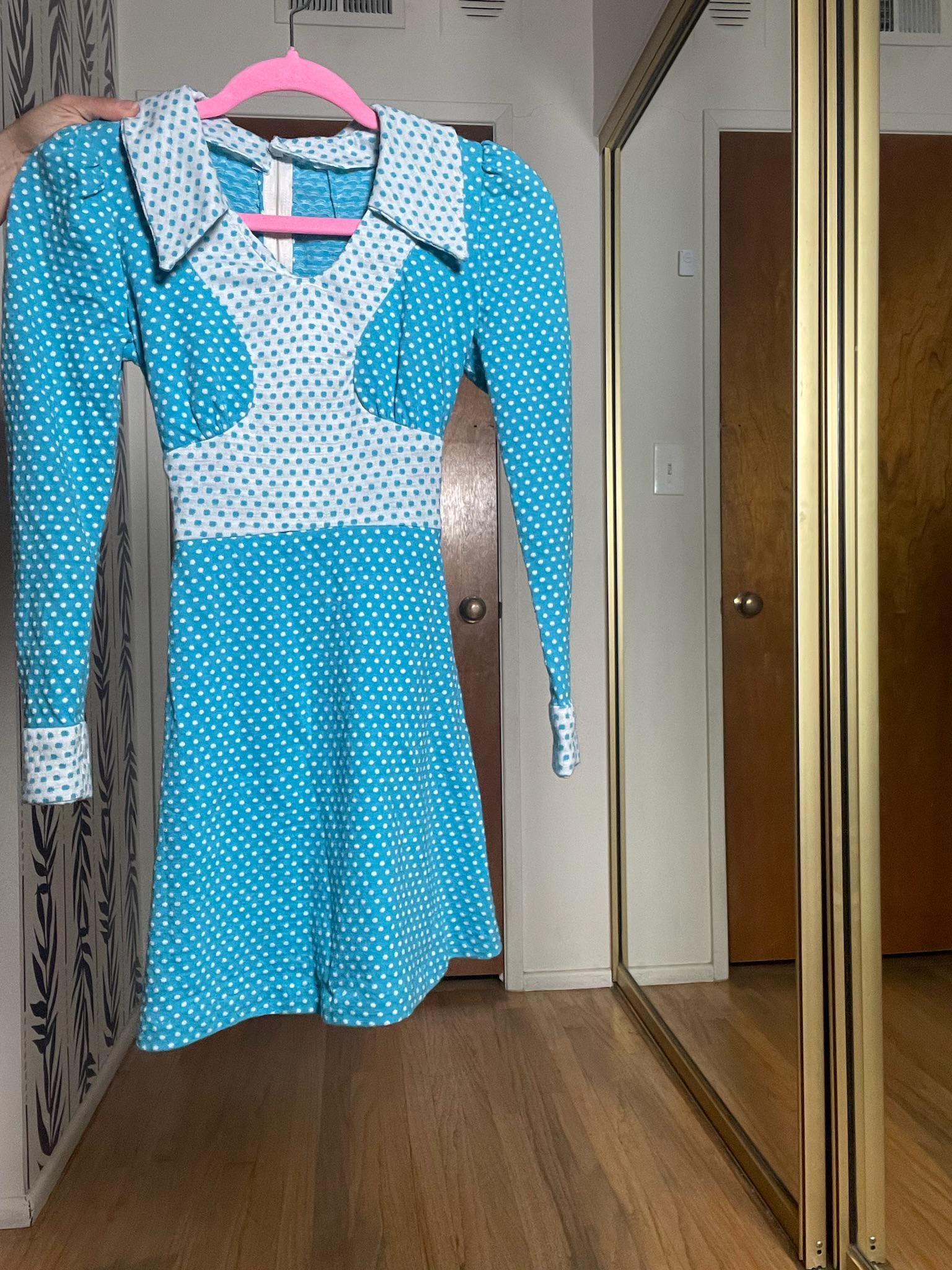 Vintage 60s 70s Blue Tonal Polka Dots Mini Dress - Best Fits Size XS-S
