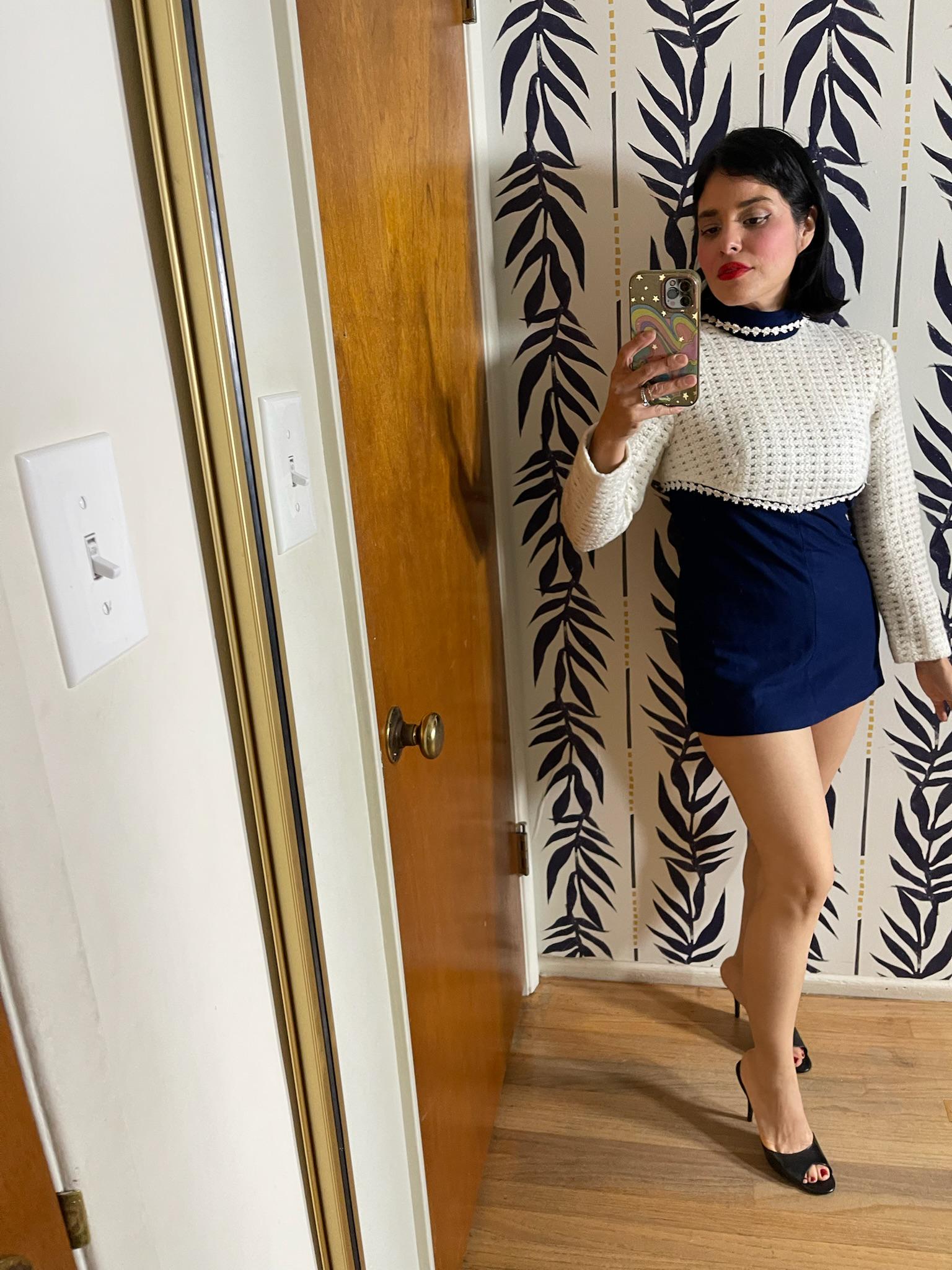 Vintage 60s White Navy Blue Tunic Dress - Best Fit Size XS-S