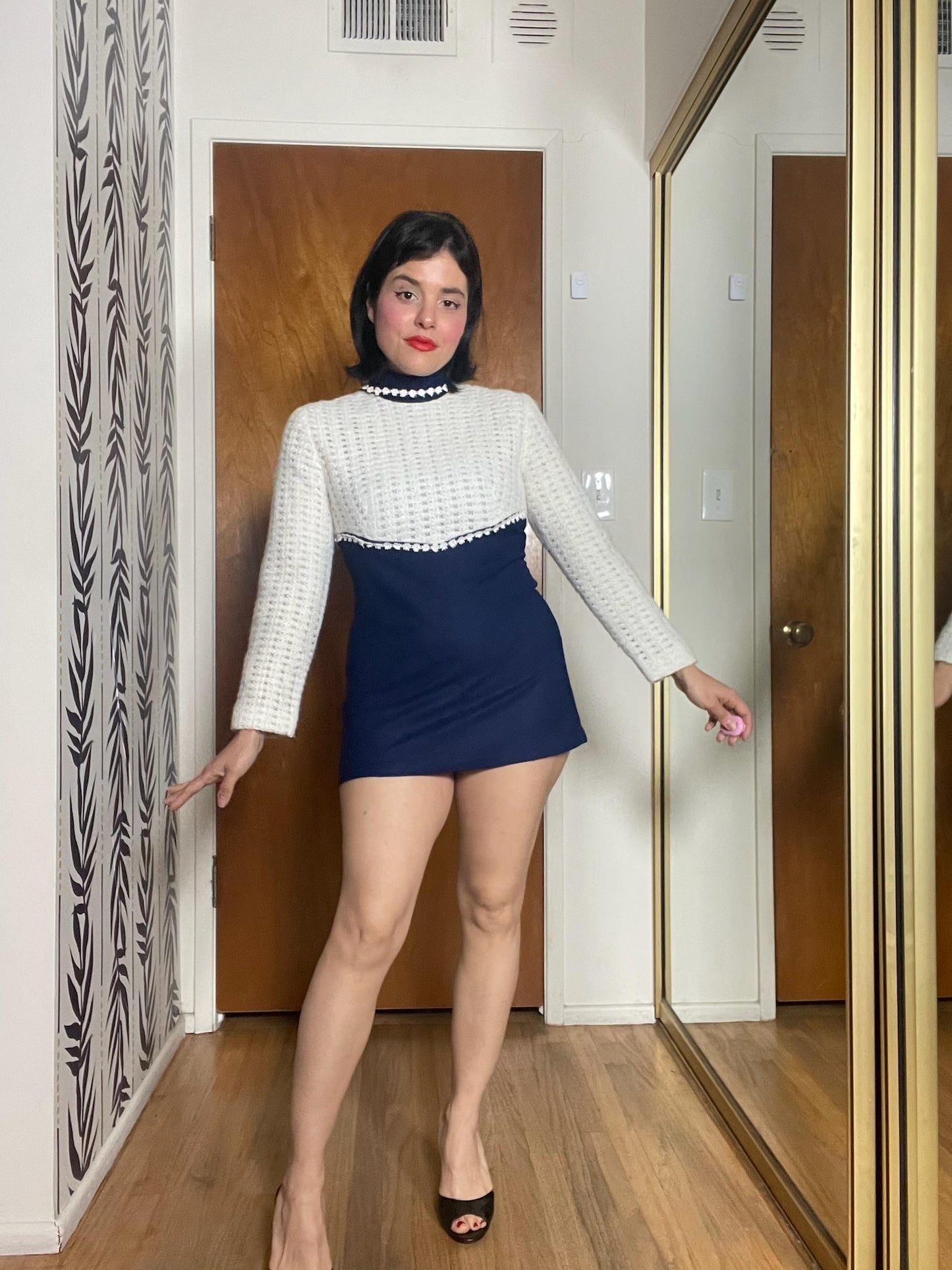 Vintage 60s White Navy Blue Tunic Dress - Best Fit Size XS-S