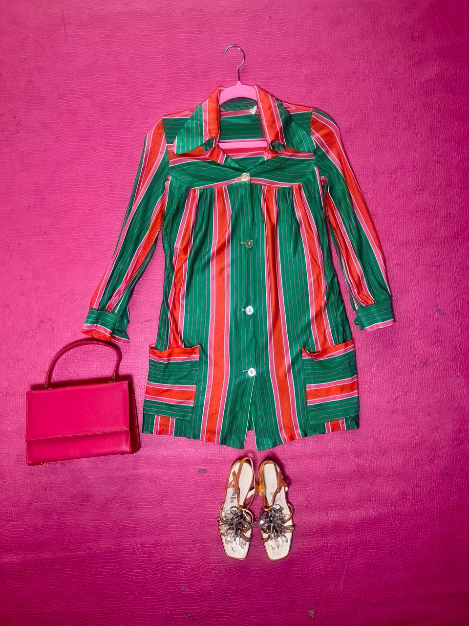 Vintage 60s 70s Striped Shirt Dress - Best Fits XS-S