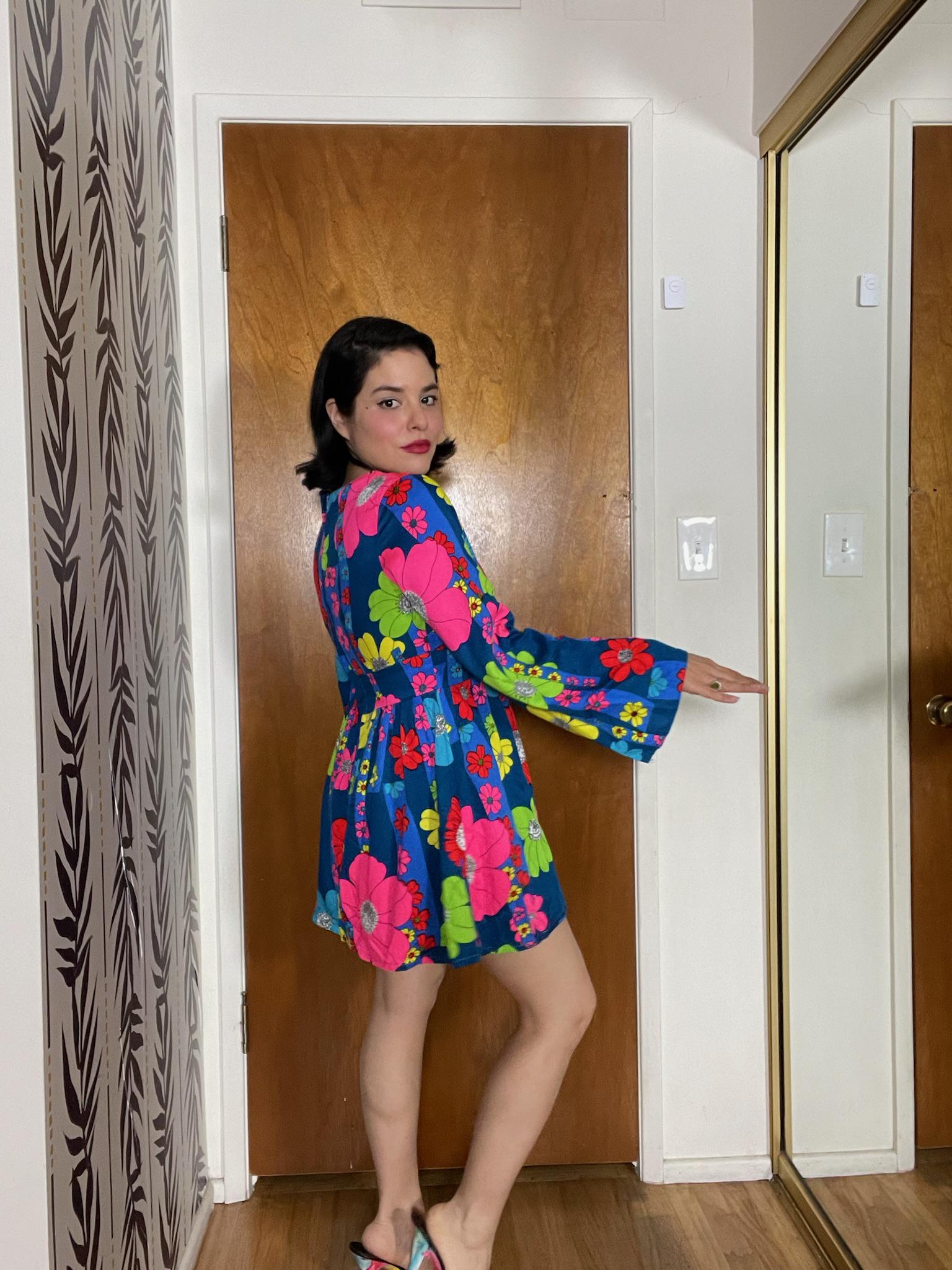 Vintage 60s Blue Hawaiian Mini Dress With Neon Flowers - Best Fits Size S