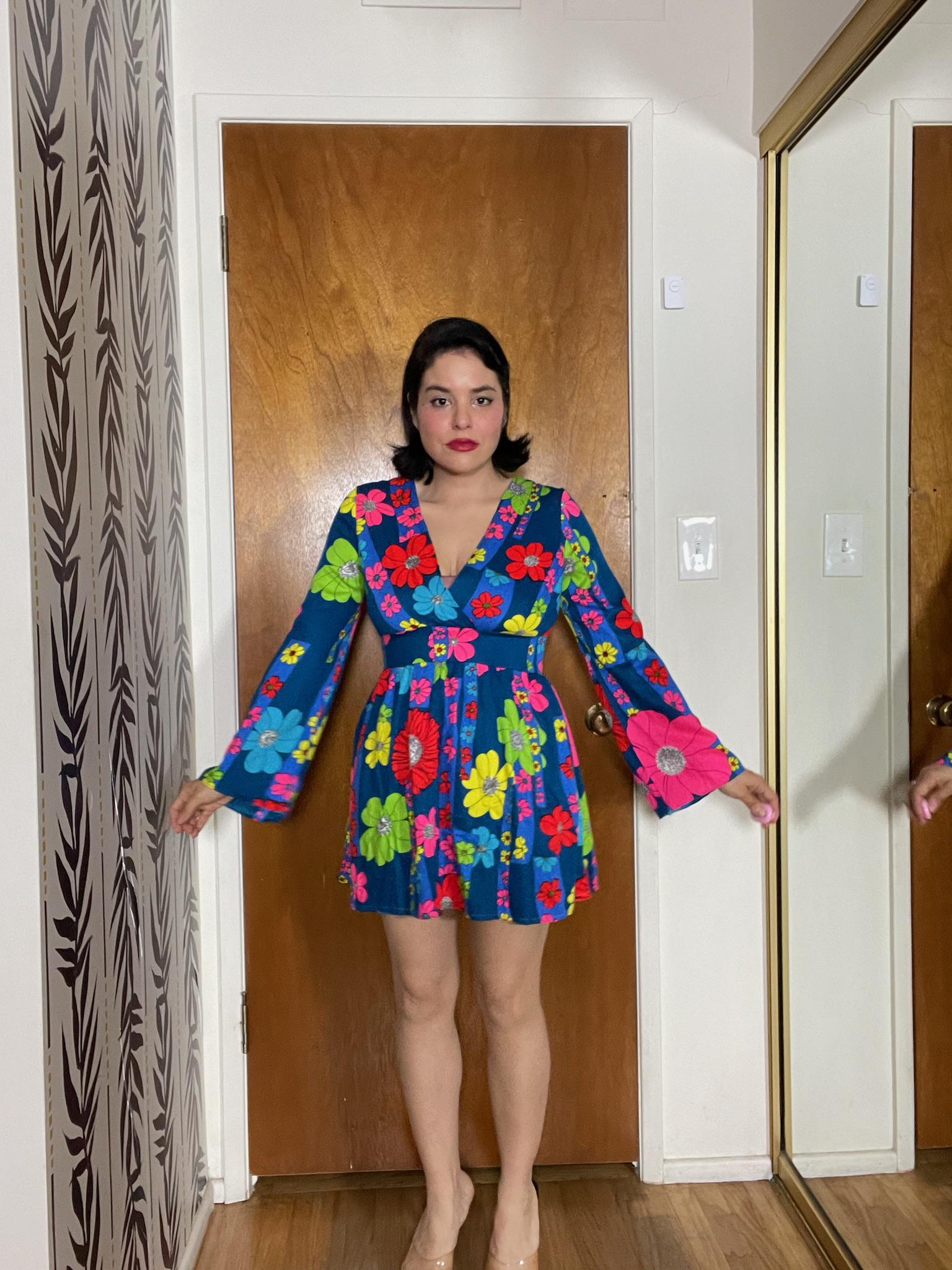 Vintage 60s Blue Hawaiian Mini Dress With Neon Flowers - Best Fits Size S