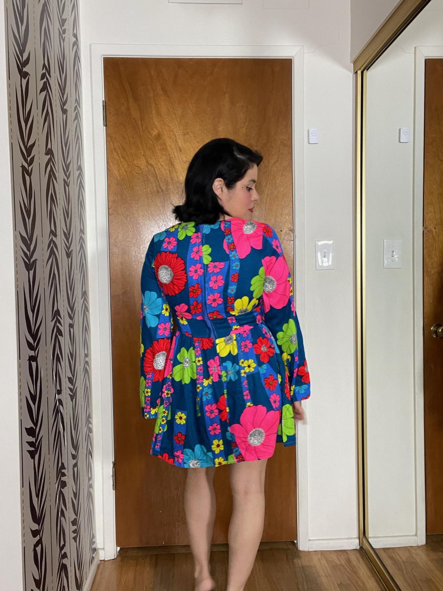 Vintage 60s Blue Hawaiian Mini Dress With Neon Flowers - Best Fits Size S