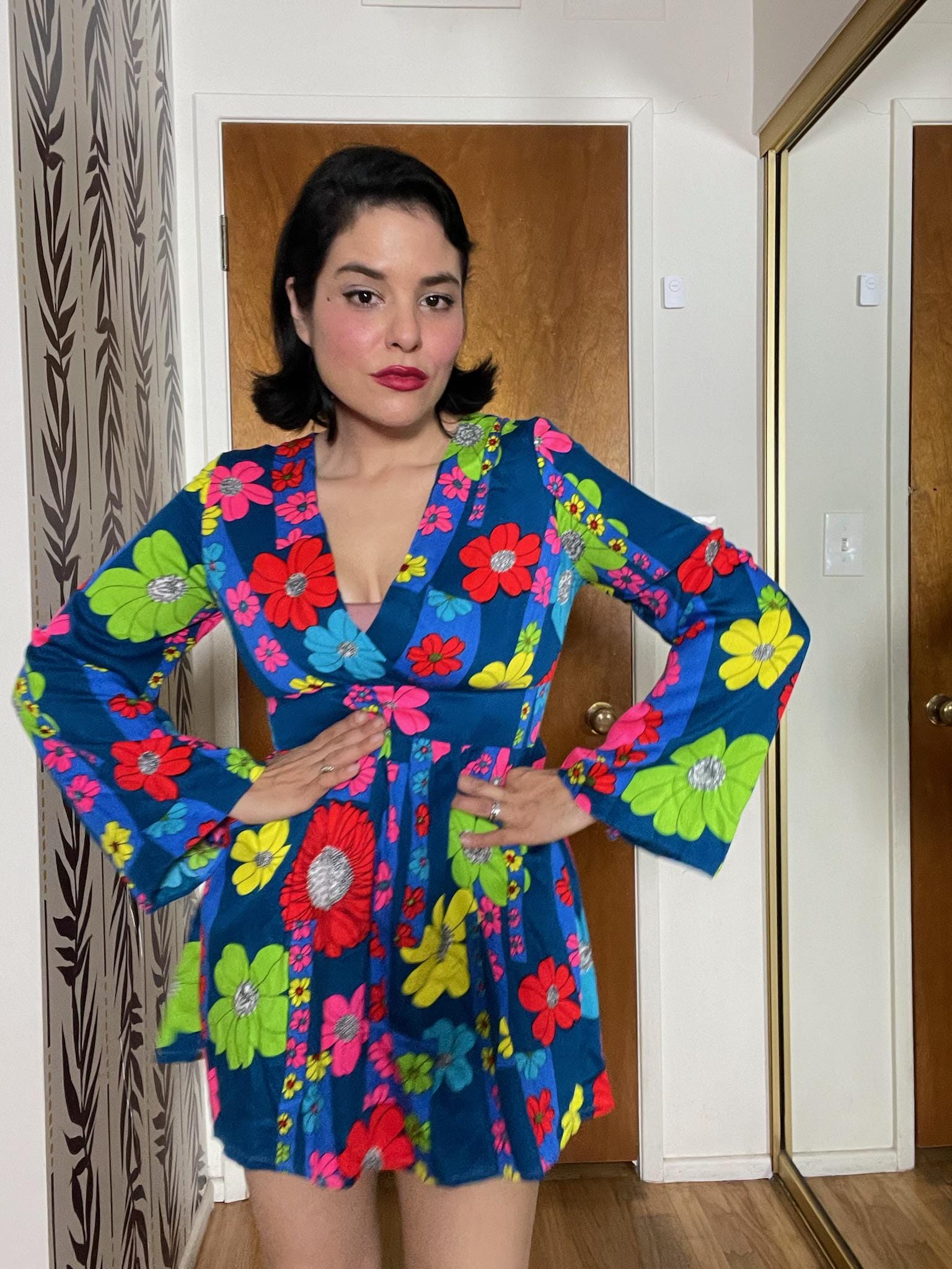 Vintage 60s Blue Hawaiian Mini Dress With Neon Flowers - Best Fits Size S