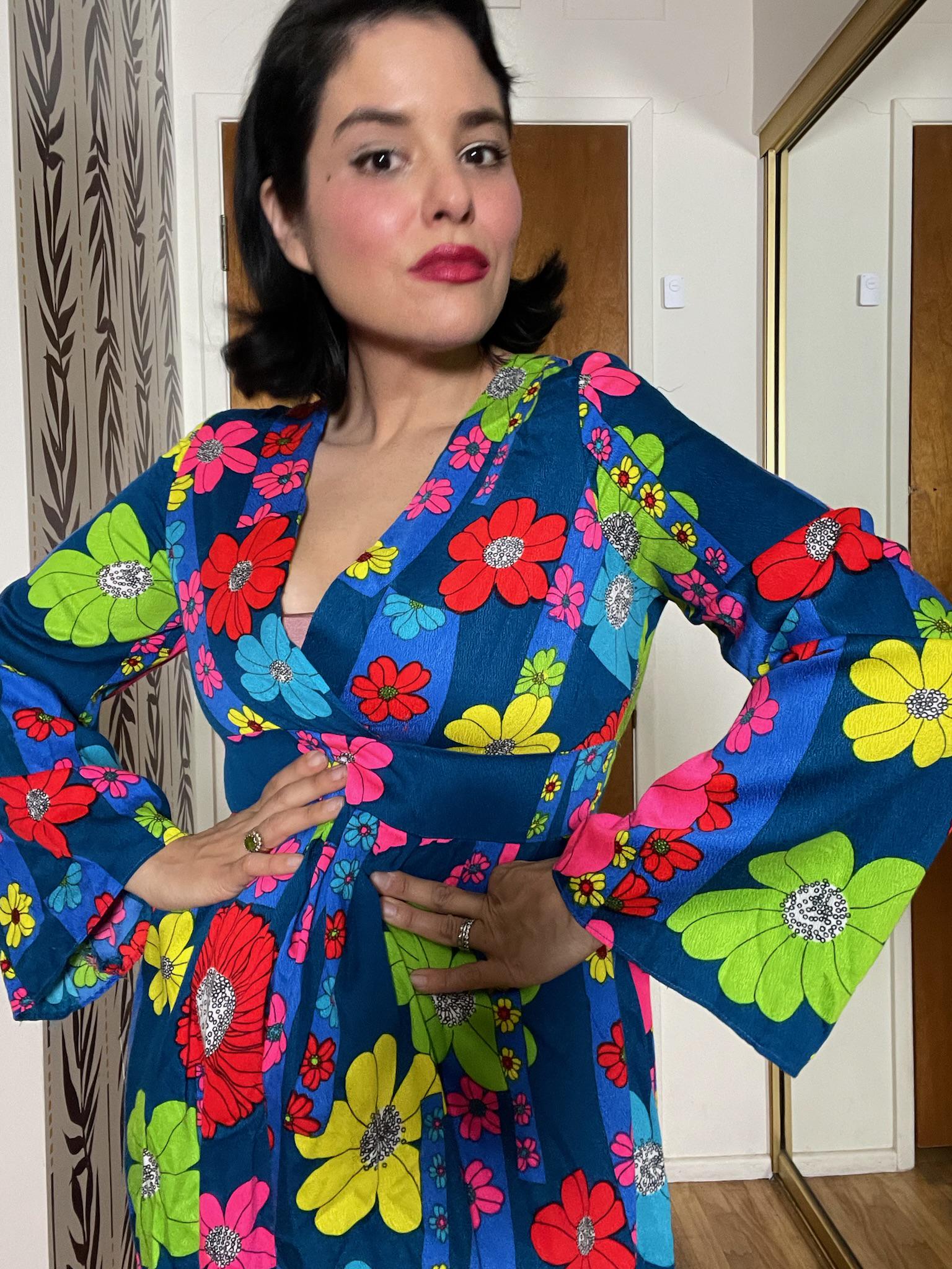 Vintage 60s Blue Hawaiian Mini Dress With Neon Flowers - Best Fits Size S