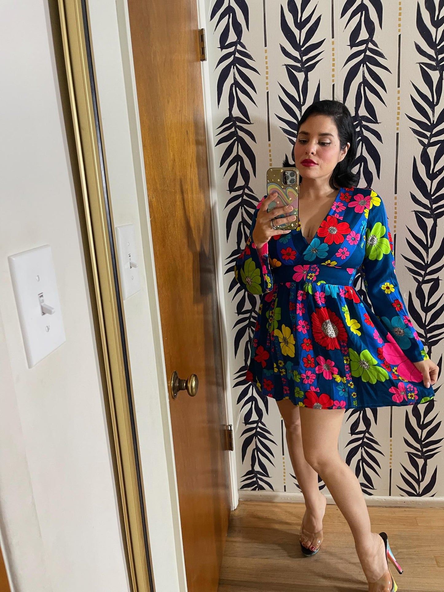 Vintage 60s Blue Hawaiian Mini Dress With Neon Flowers - Best Fits Size S