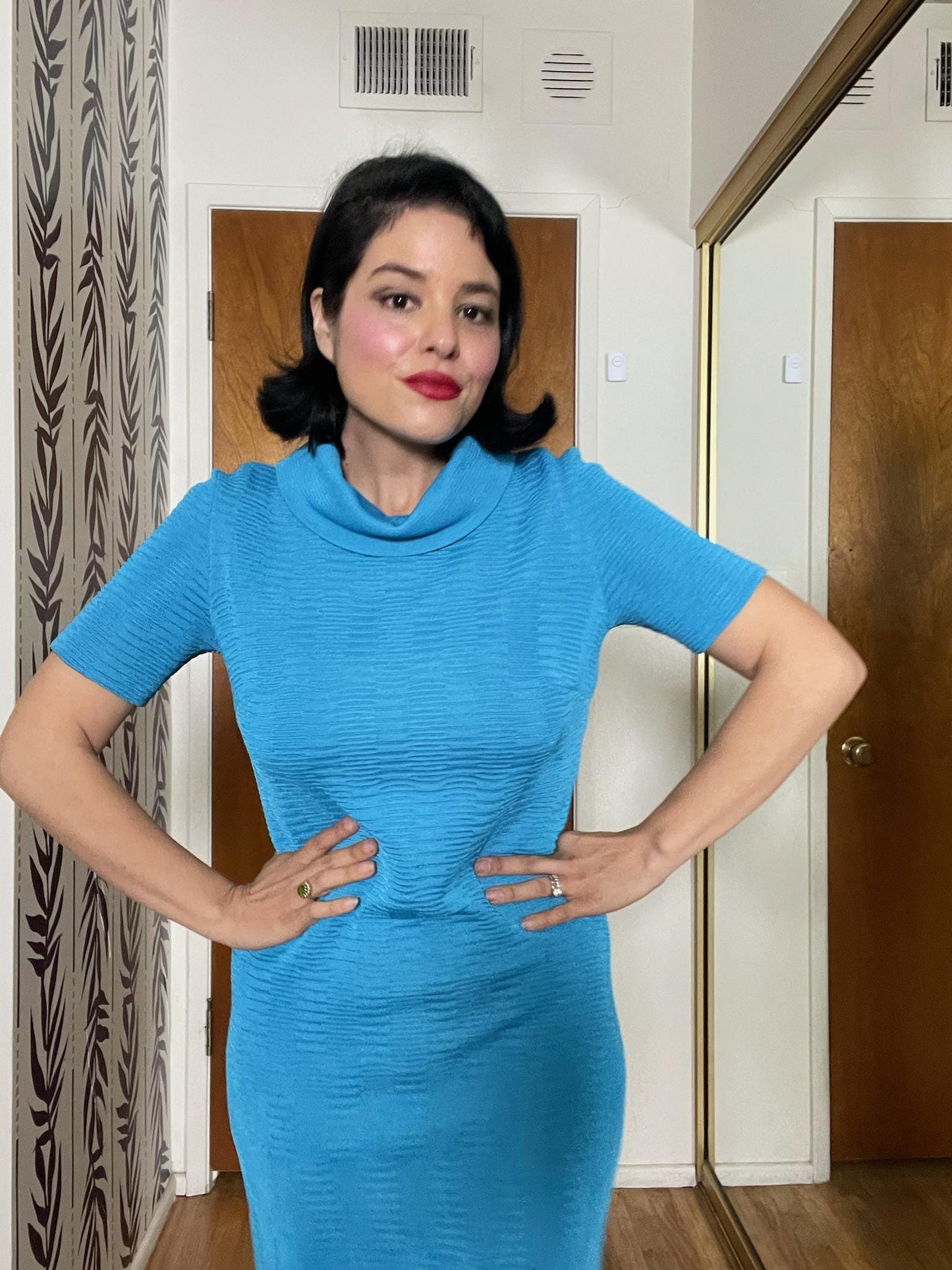 Vintage 60s Blue Wiggle Knit Dress - Best Fits Size S-L