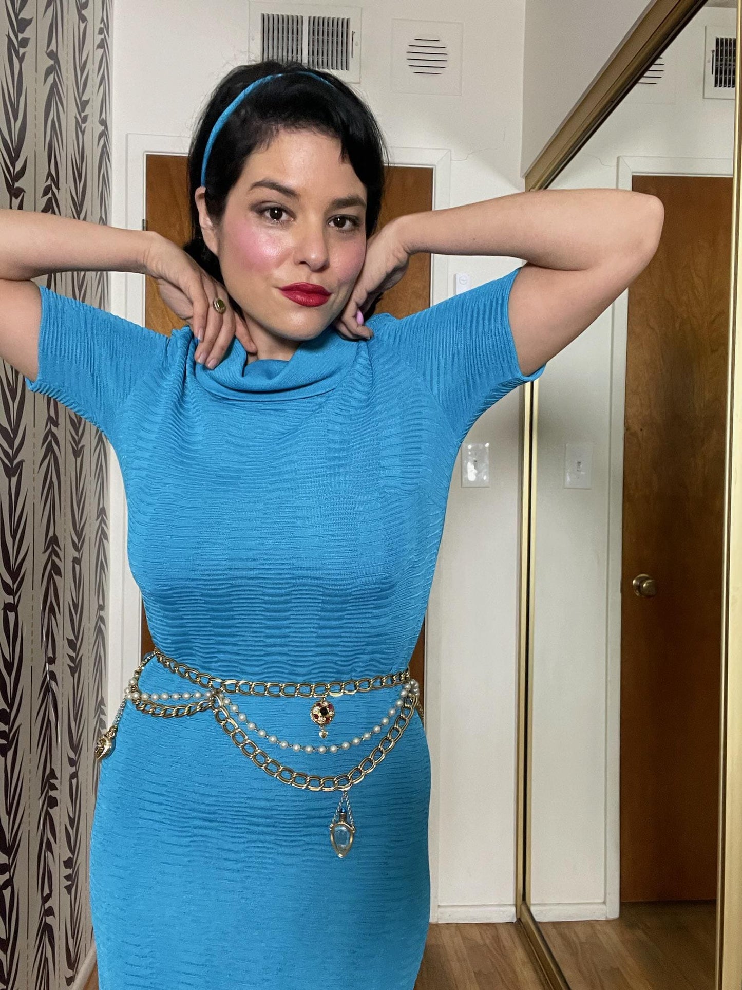Vintage 60s Blue Wiggle Knit Dress - Best Fits Size S-L