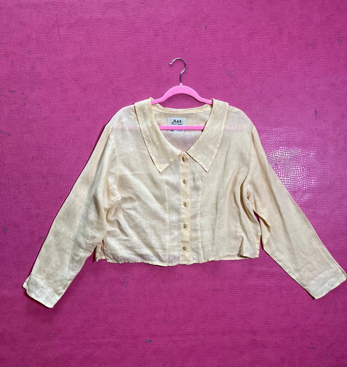 Vintage 80s Linen Cropped Sheer Blouse - Fits Most Sizes