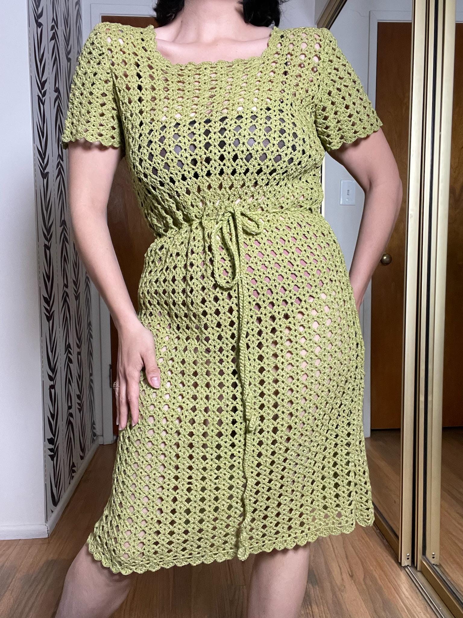 Vintage 60s Green Crocheted Dress - Best Fits Size XS-M