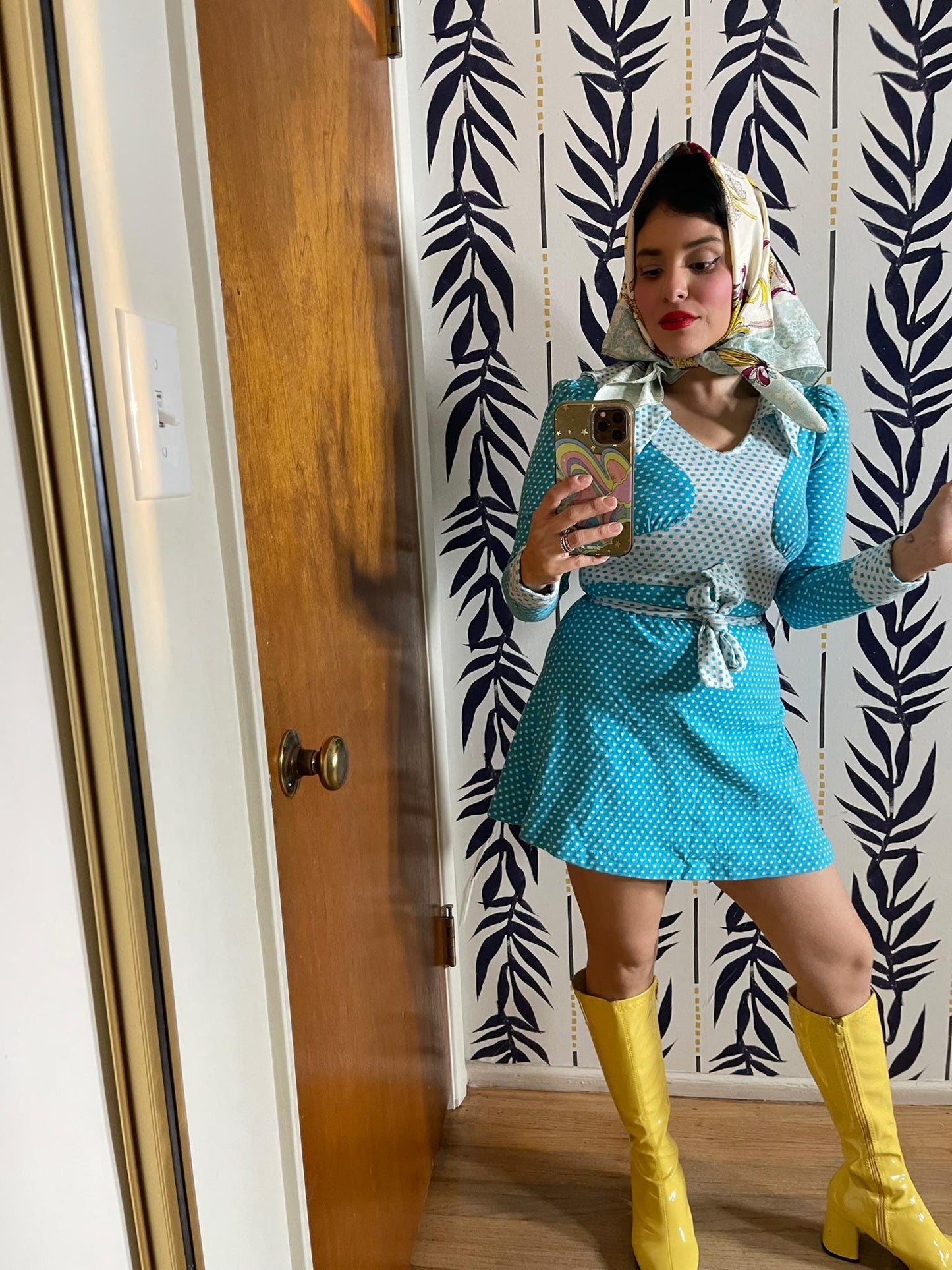 Vintage 60s 70s Blue Tonal Polka Dots Mini Dress - Best Fits Size XS-S