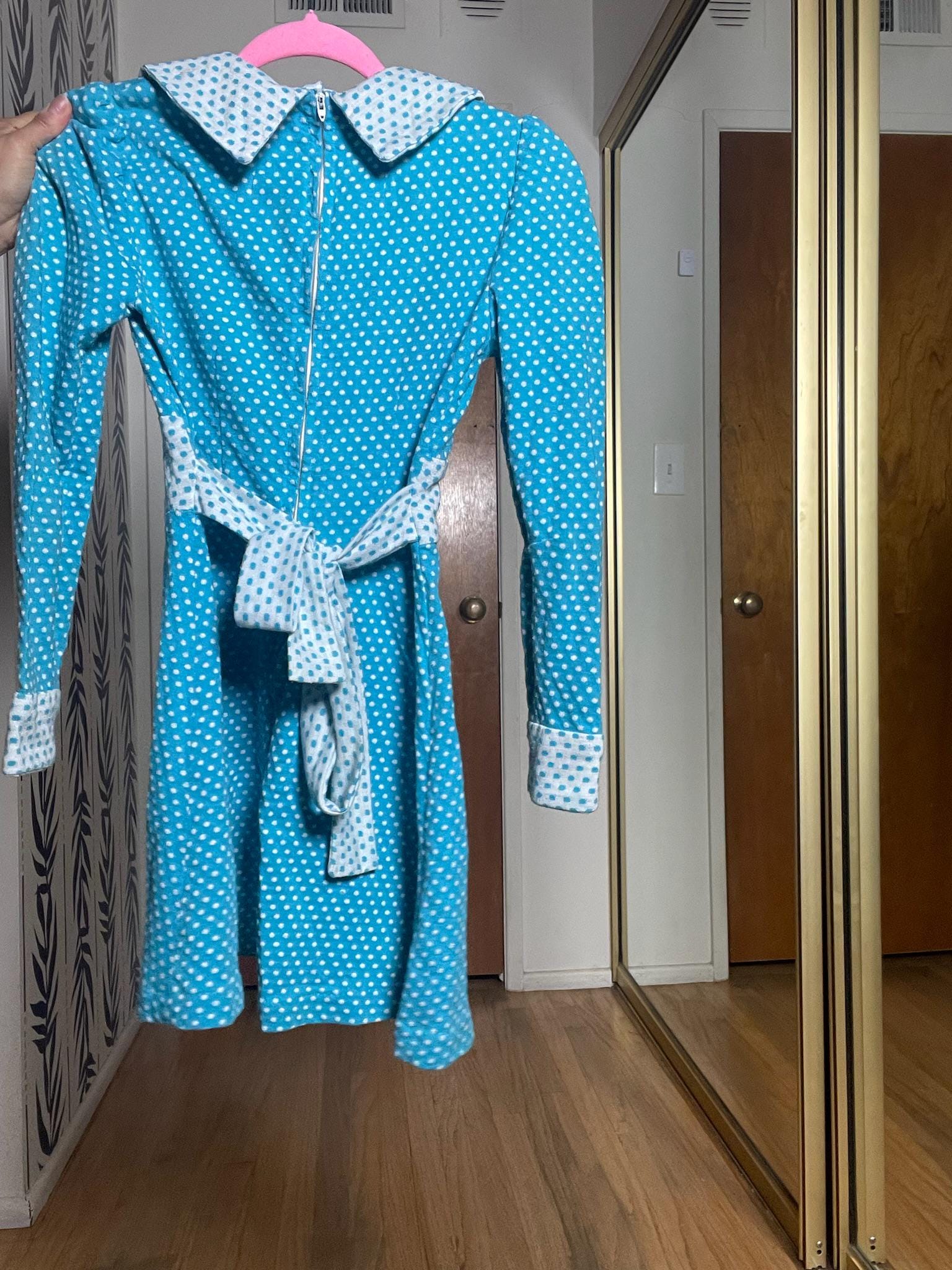 Vintage 60s 70s Blue Tonal Polka Dots Mini Dress - Best Fits Size XS-S