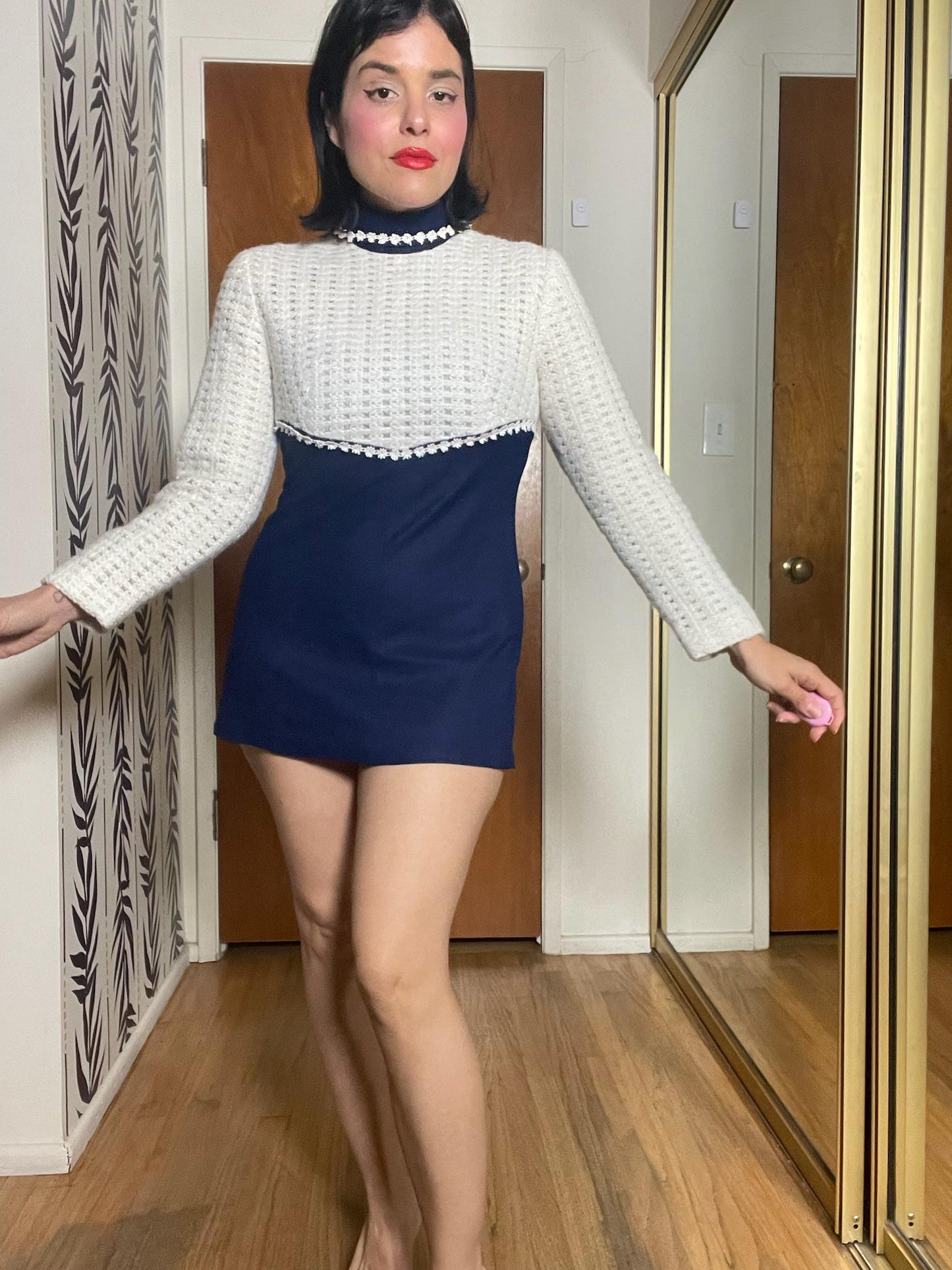 Vintage 60s White Navy Blue Tunic Dress - Best Fit Size XS-S