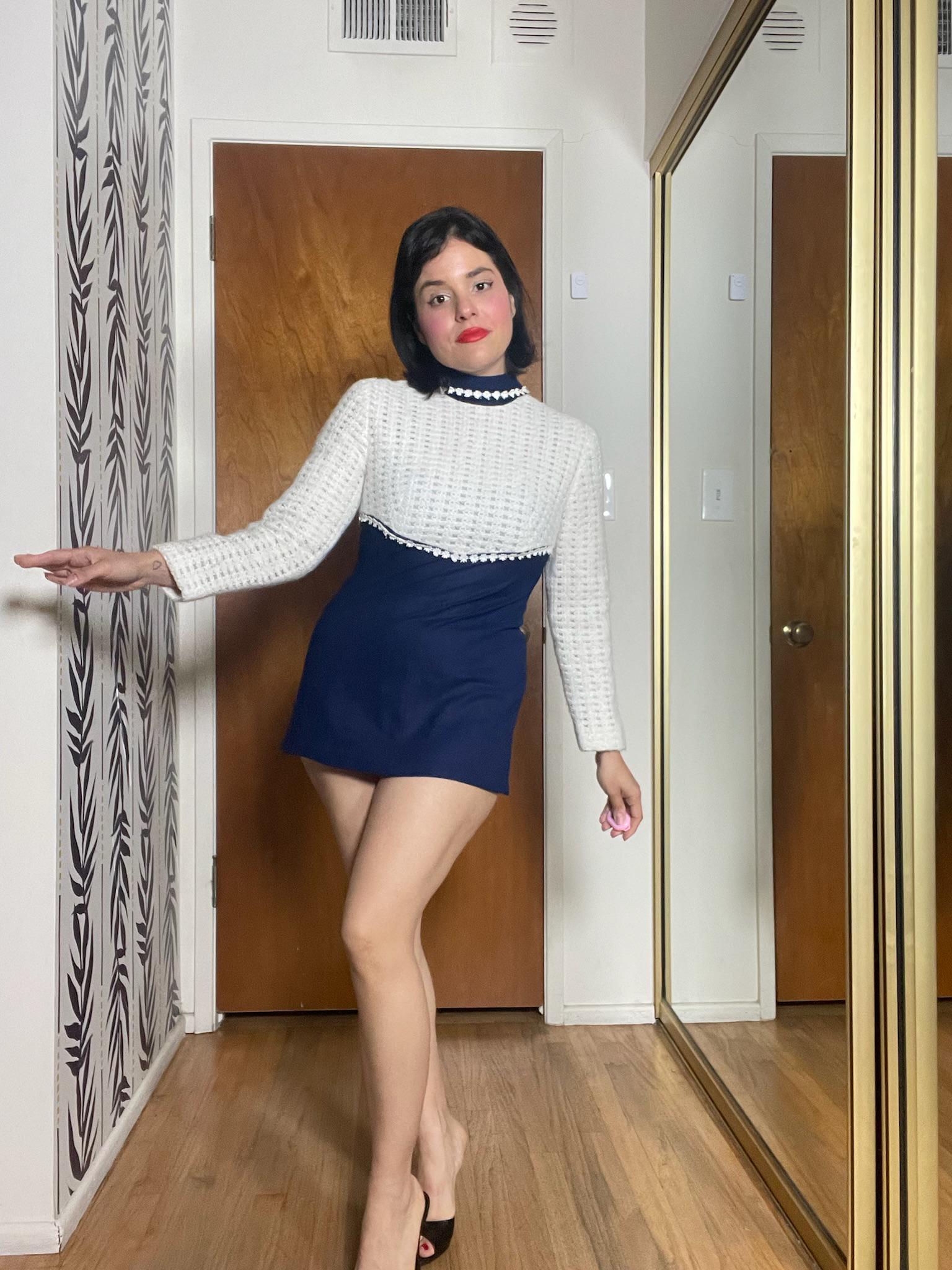 Vintage 60s White Navy Blue Tunic Dress - Best Fit Size XS-S