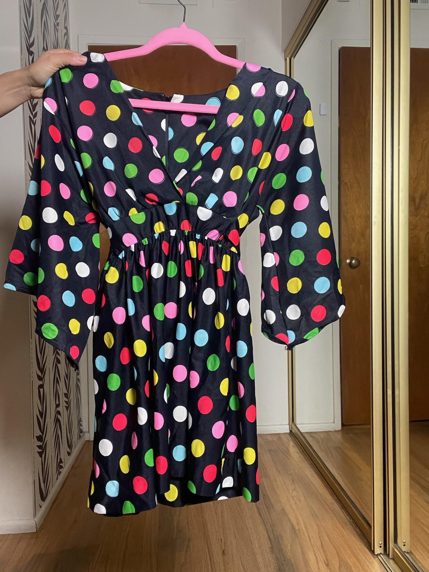 Vintage 60s Black Multicolored Polka Dot Mini Dress - Best Fits Size XS-S