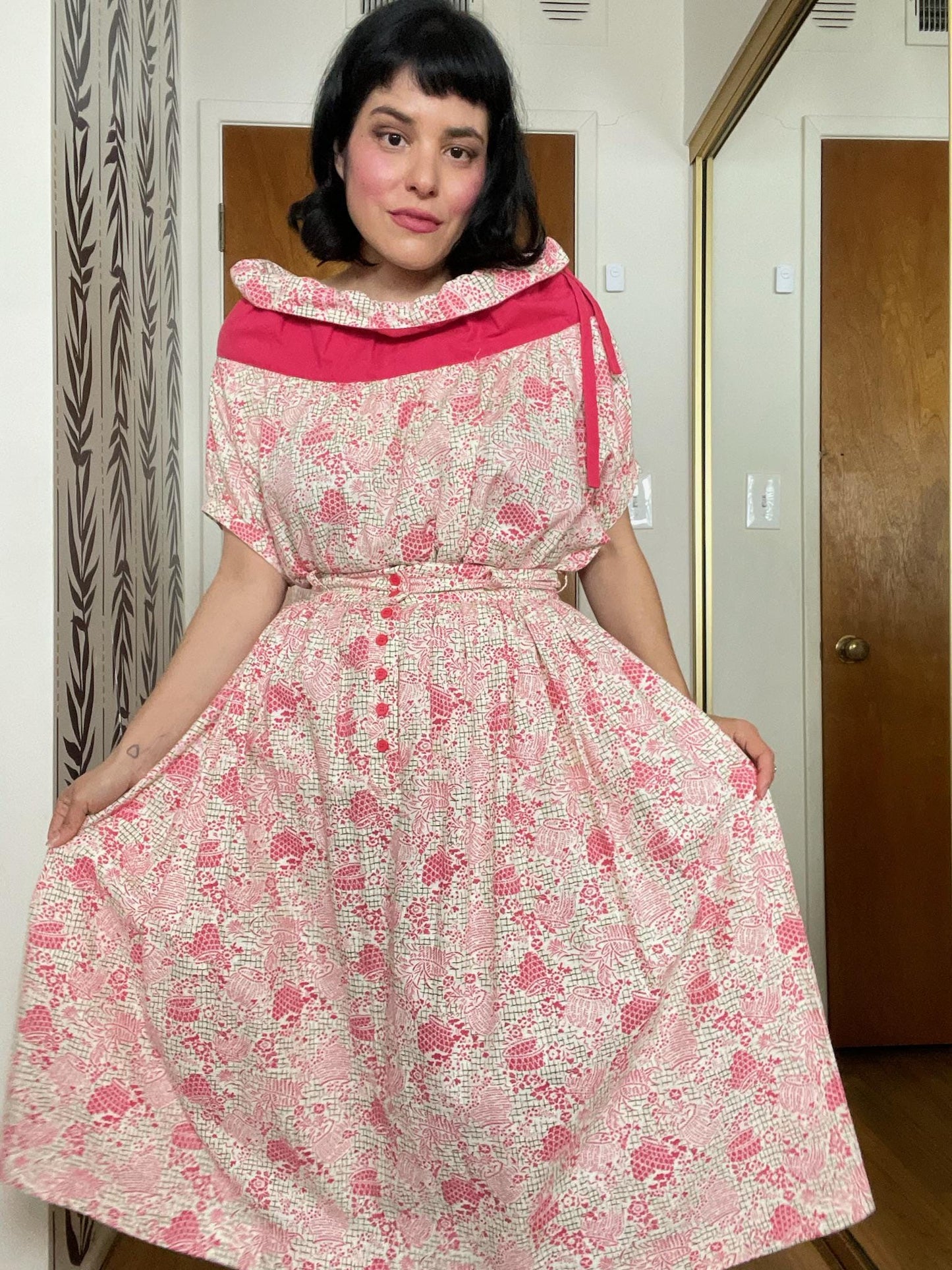 Vintage 50s 60s "Anastasia" Basket Print Skirt Set - Best Fits Size XS-S