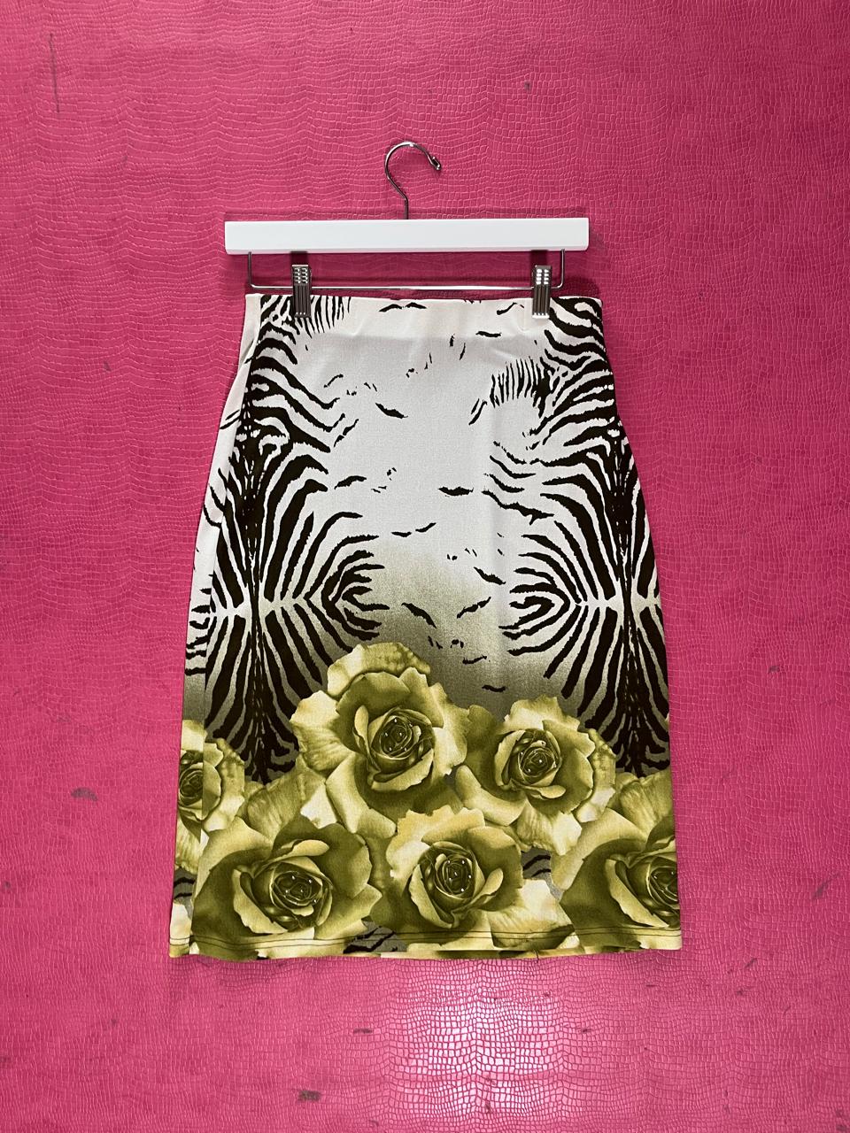 Vintage 90s Y2K Green Zebra and Rose Print Midi Skirt - Best Fits Size S-L
