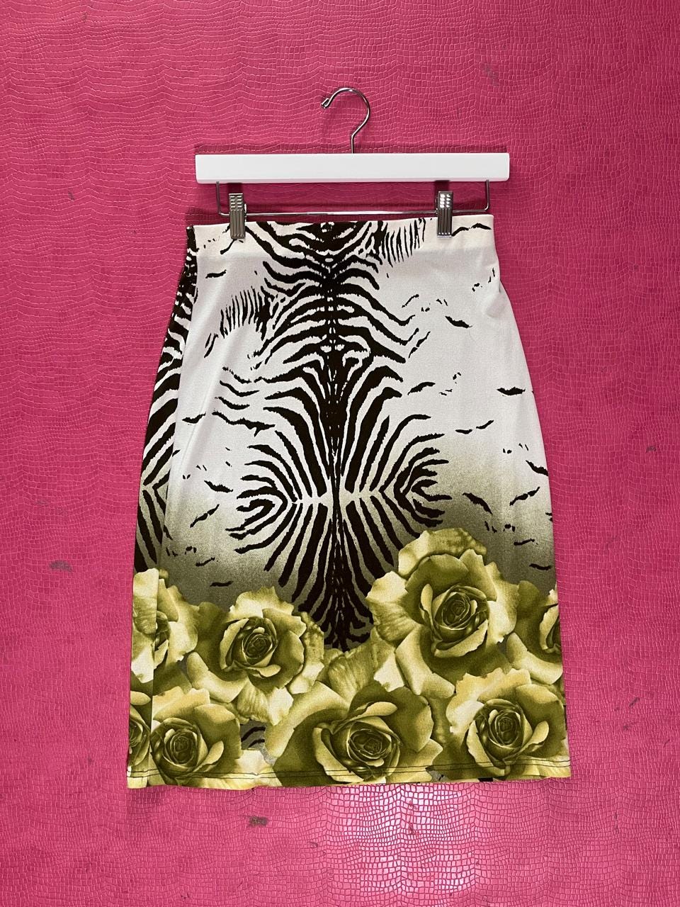 Vintage 90s Y2K Green Zebra and Rose Print Midi Skirt - Best Fits Size S-L