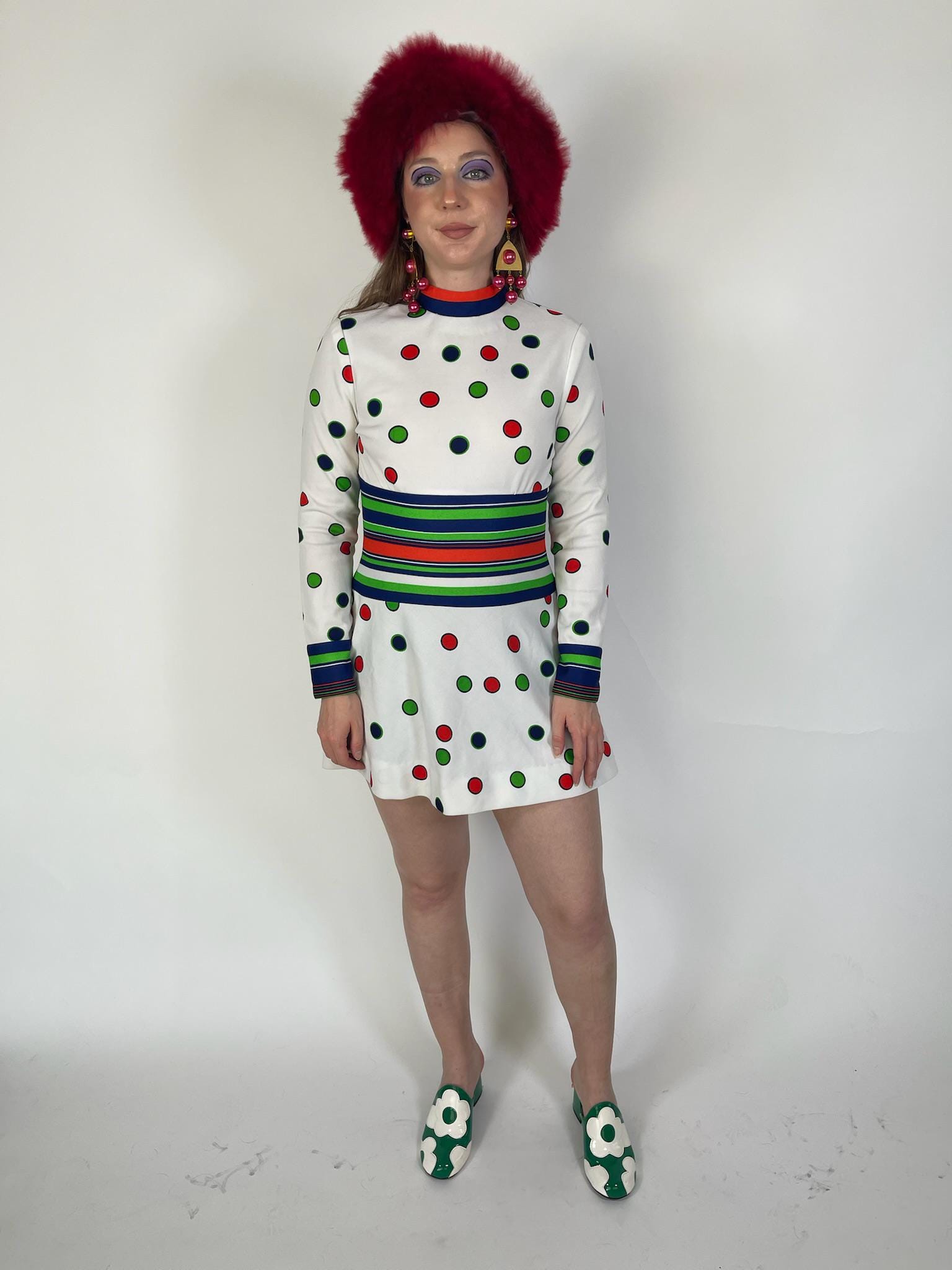 Vintage 60s Polka Dot & Stripes Mod Dress - Fits Size XS-S