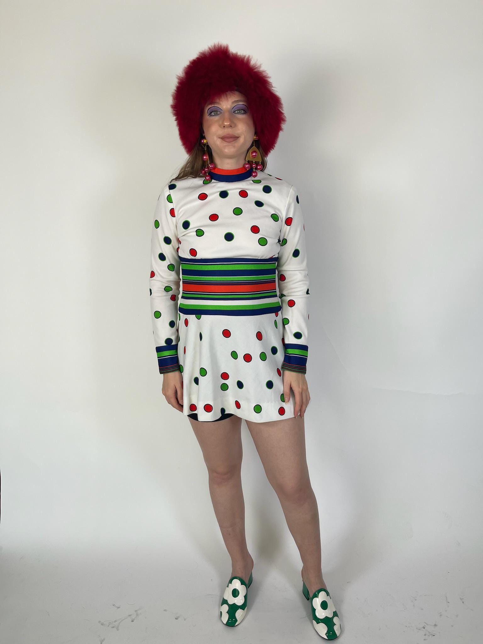 Vintage 60s Polka Dot & Stripes Mod Dress - Fits Size XS-S