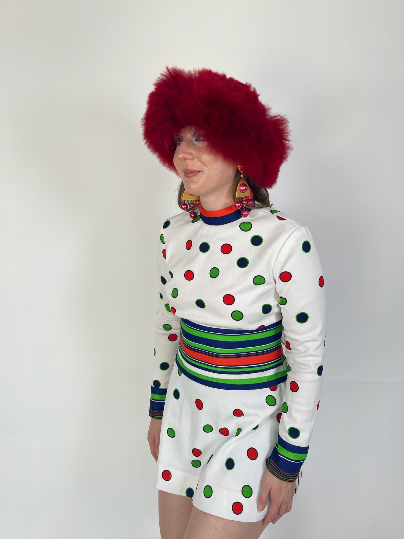 Vintage 60s Polka Dot & Stripes Mod Dress - Fits Size XS-S