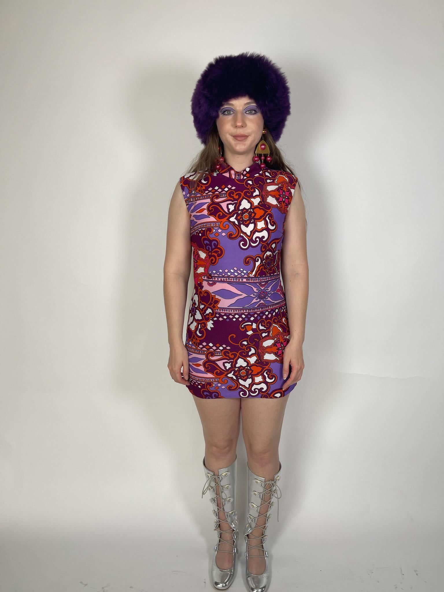 Vintage 60s Purple & Orange Psychedelic Mini Dress - Fits Size XS-S