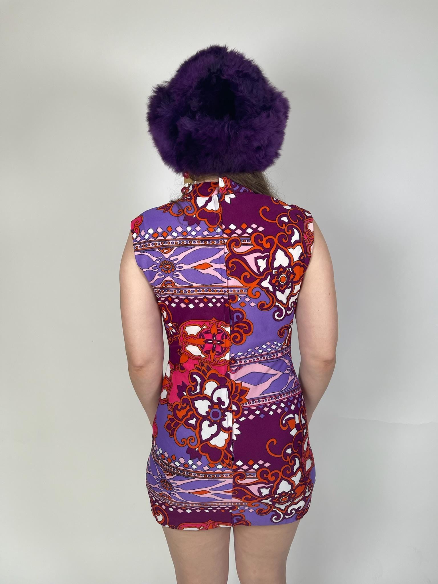 Vintage 60s Purple & Orange Psychedelic Mini Dress - Fits Size XS-S