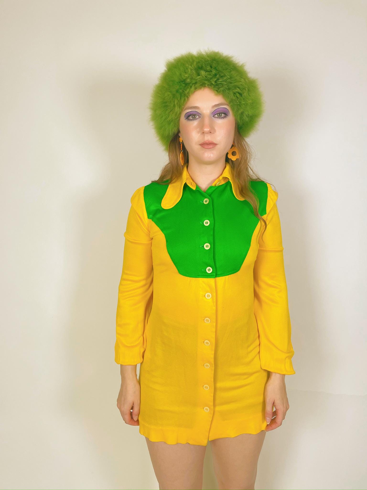 Vintage 60s 70s Yellow And Green Mod Shirt Style Dress - Fits Size XS-S, Possibly M