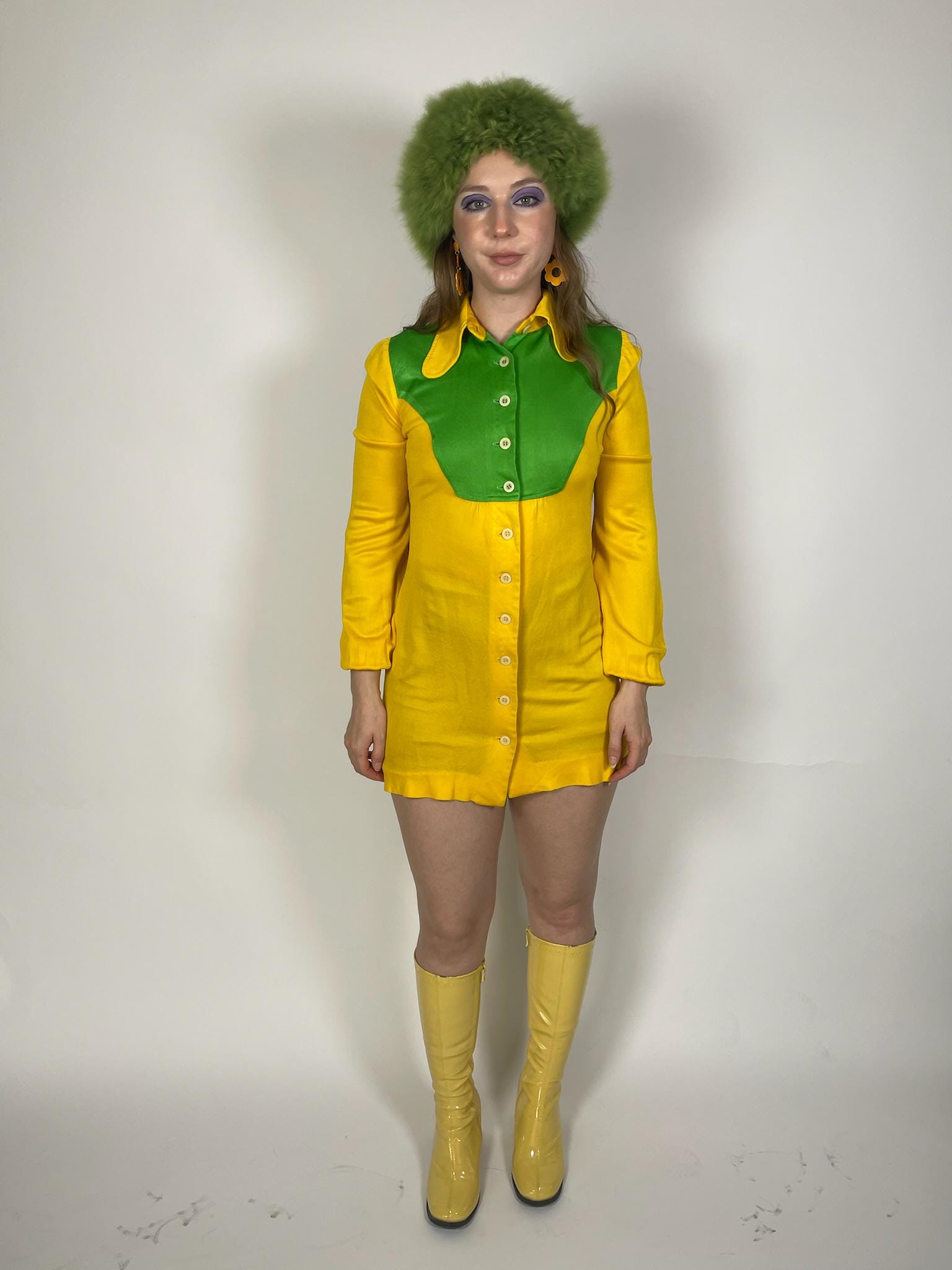 open lace back dress Vintage 60s 70s Yellow and Green Mod Shirt Style Dress