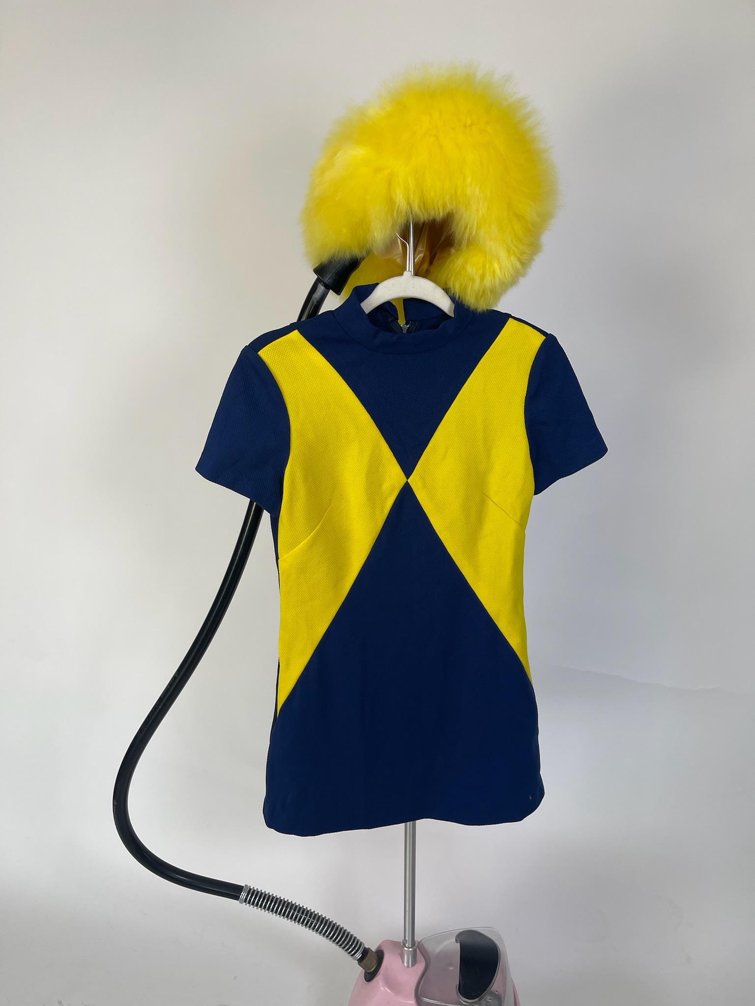 Vintage 60s Mod Navy Blue And Yellow Harlequin Dress - Fits Size XS-S, Possibly M
