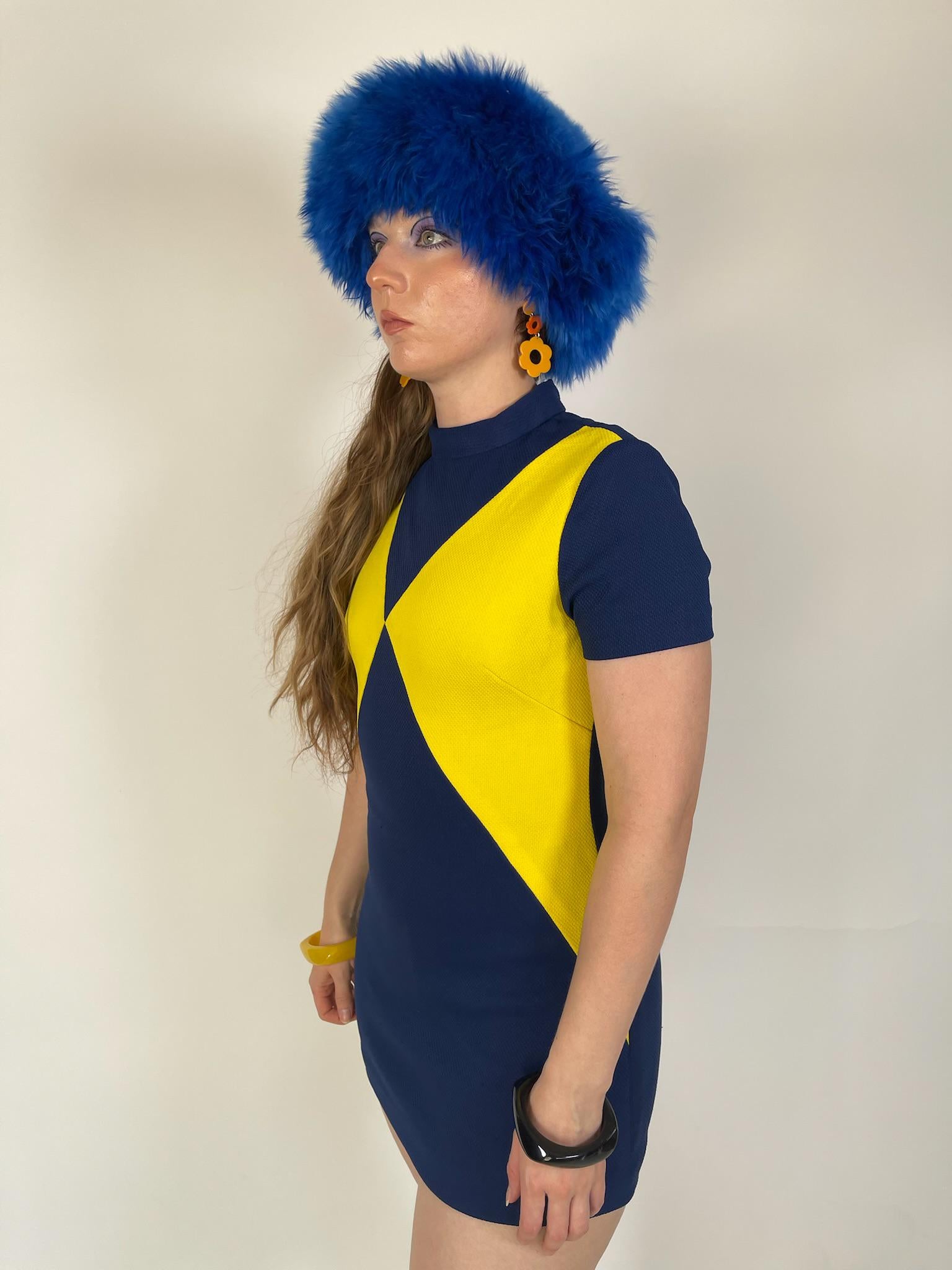 Vintage 60s Mod Navy Blue And Yellow Harlequin Dress - Fits Size XS-S, Possibly M