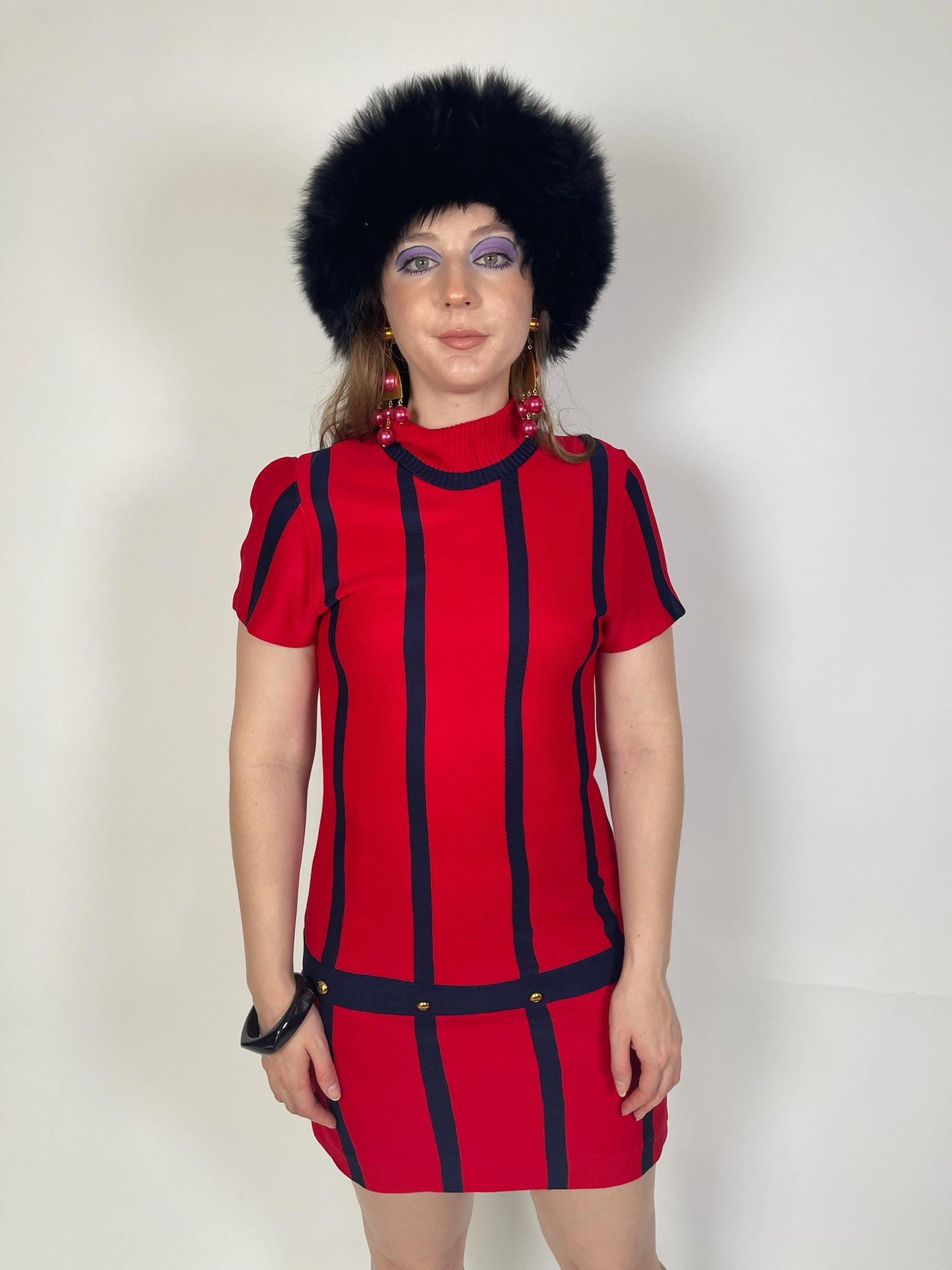Vintage 60s Navy Blue and Red Mod Knit Dress - Fits Size XS-M