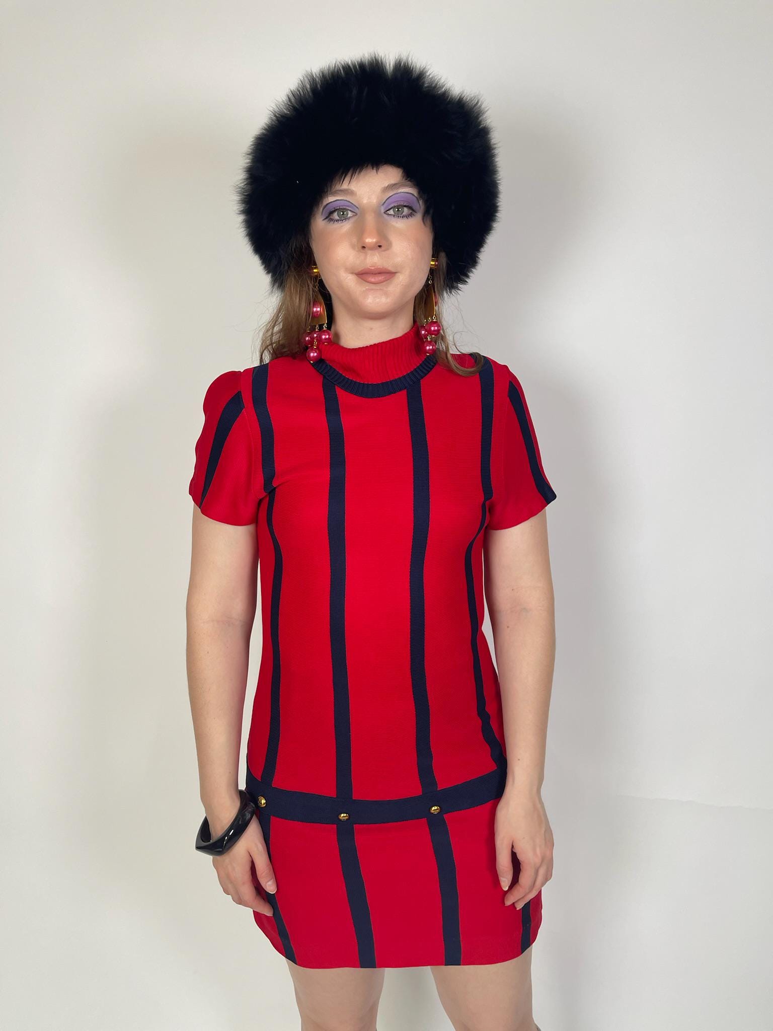 Vintage 60s Navy Blue and Red Mod Knit Dress - Fits Size XS-M