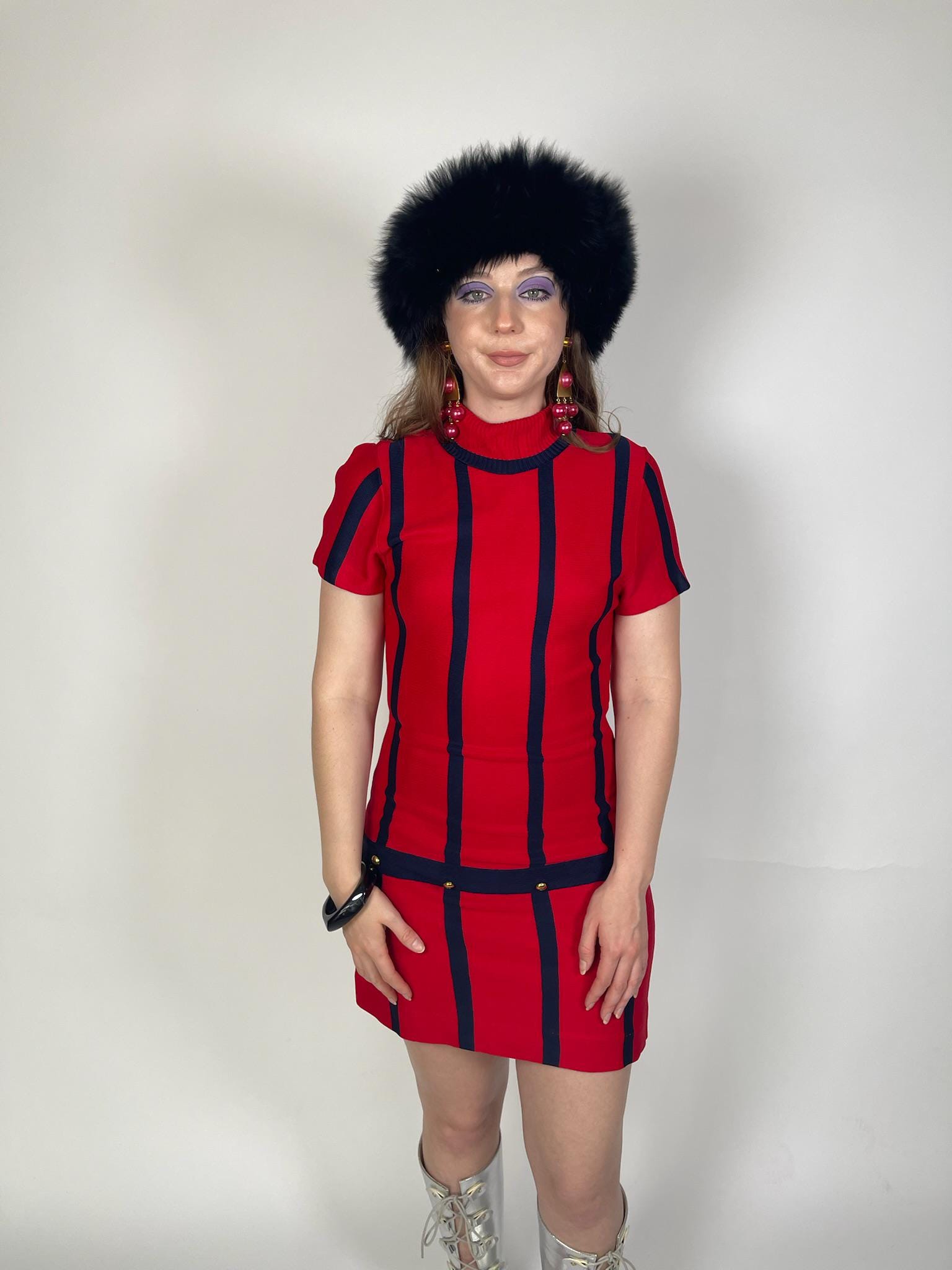 Vintage 60s Navy Blue and Red Mod Knit Dress - Fits Size XS-M