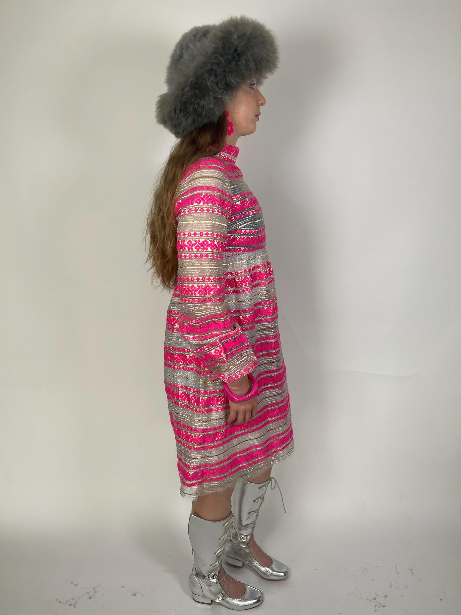 Vintage 60s 70s Metallic Sheer Pink Dress - Fits Size S-M