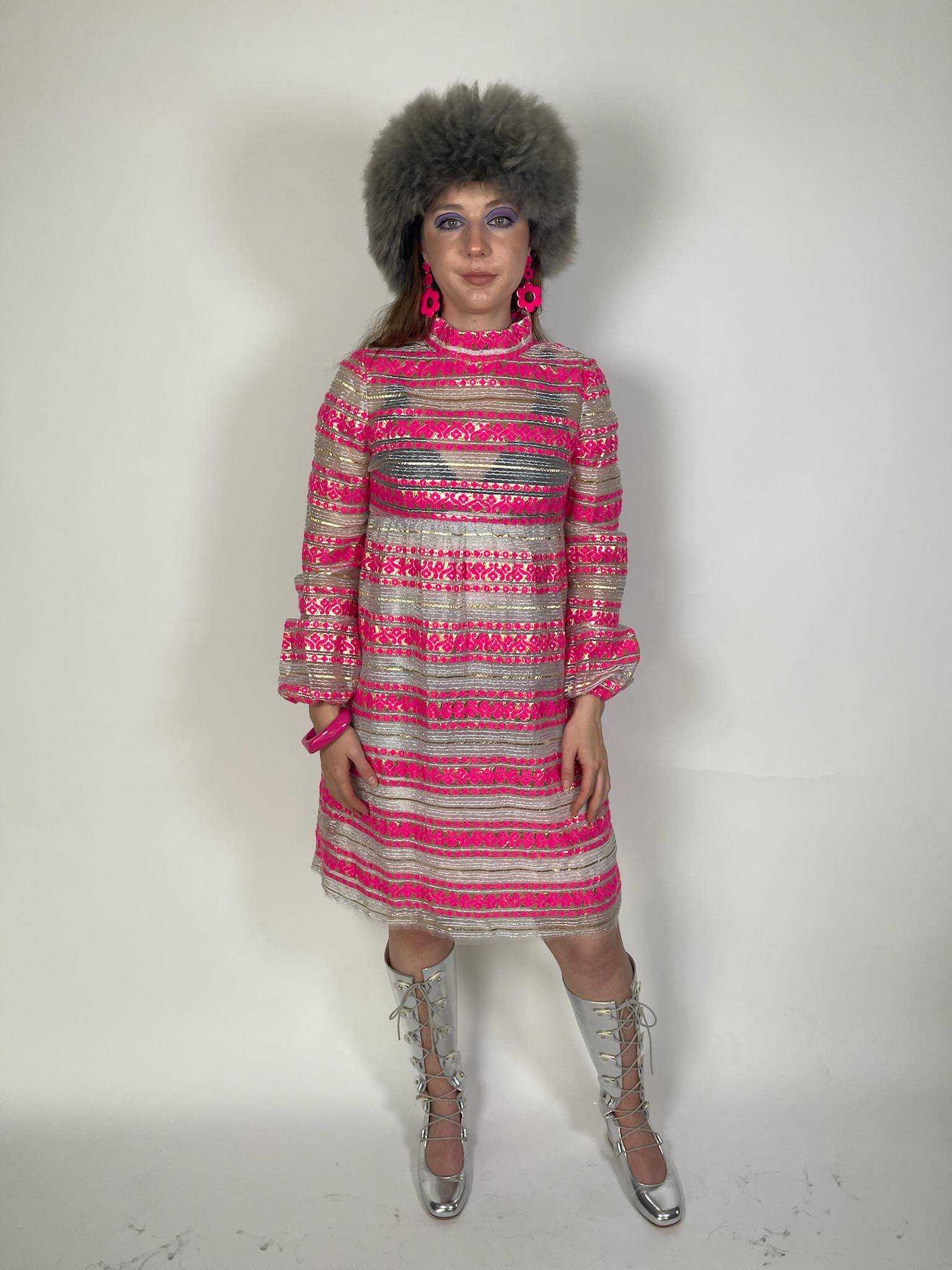 Vintage 60s 70s Metallic Sheer Pink Dress - Fits Size S-M