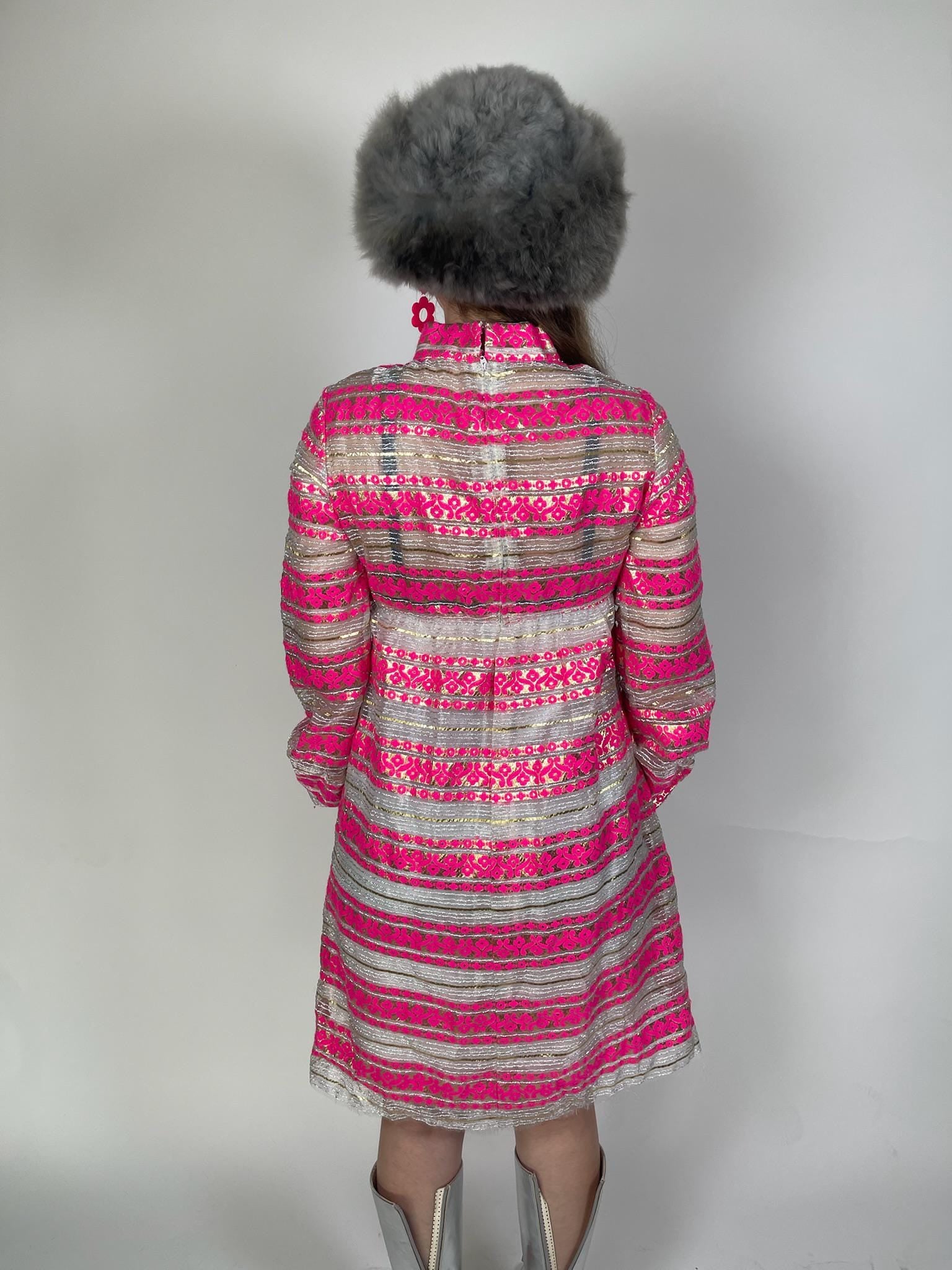 Vintage 60s 70s Metallic Sheer Pink Dress - Fits Size S-M