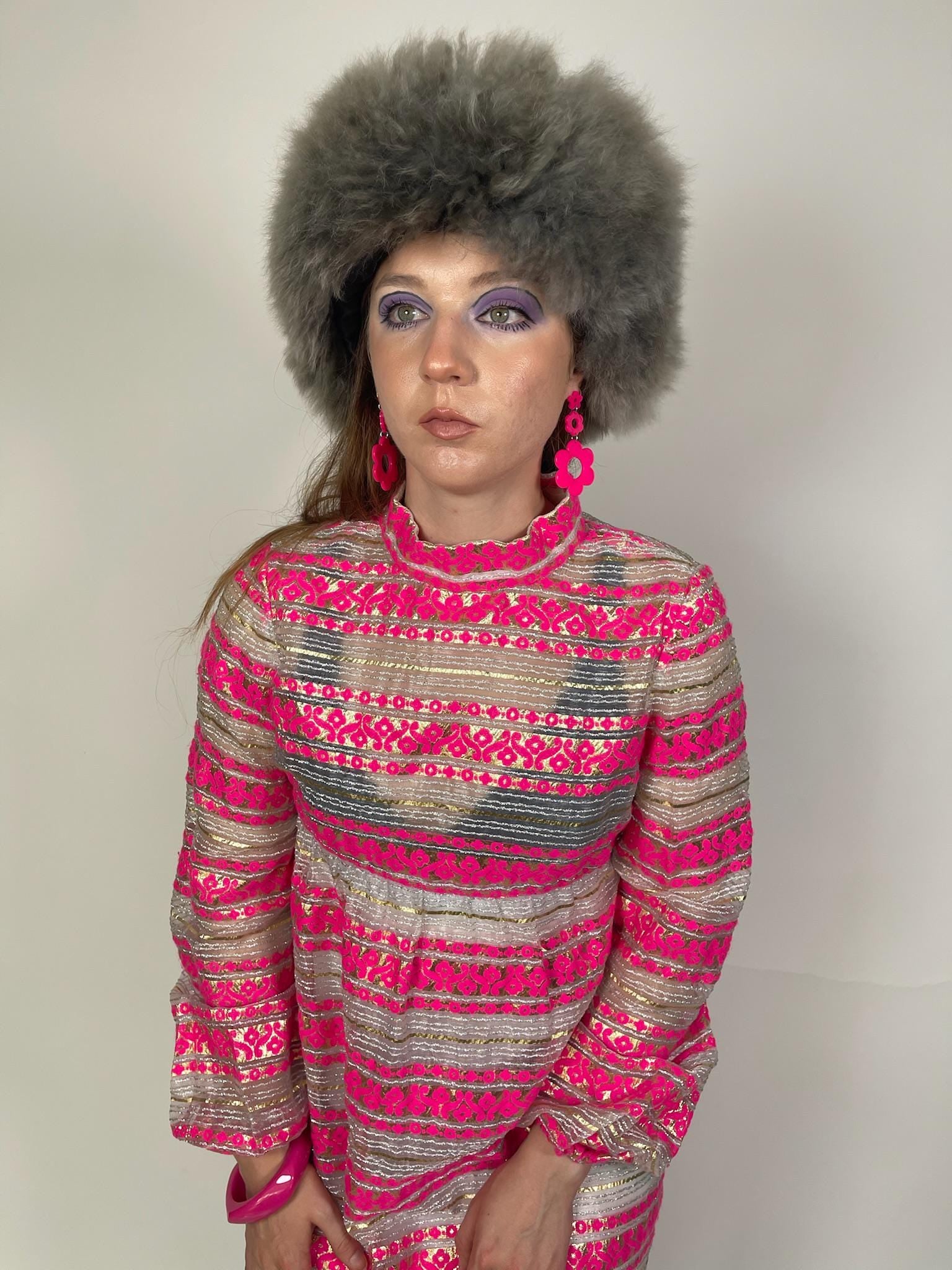 Vintage 60s 70s Metallic Sheer Pink Dress - Fits Size S-M