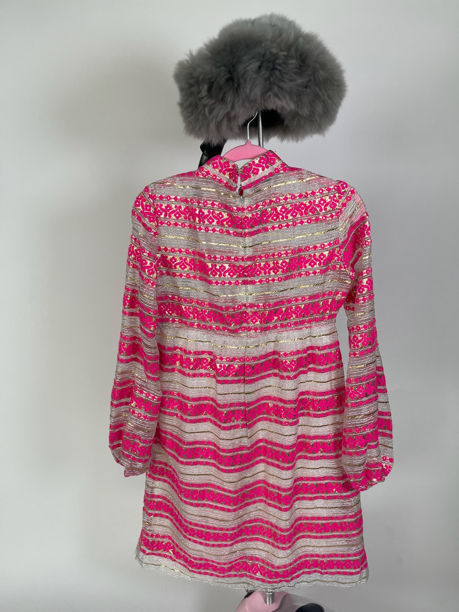 Vintage 60s 70s Metallic Sheer Pink Dress - Fits Size S-M