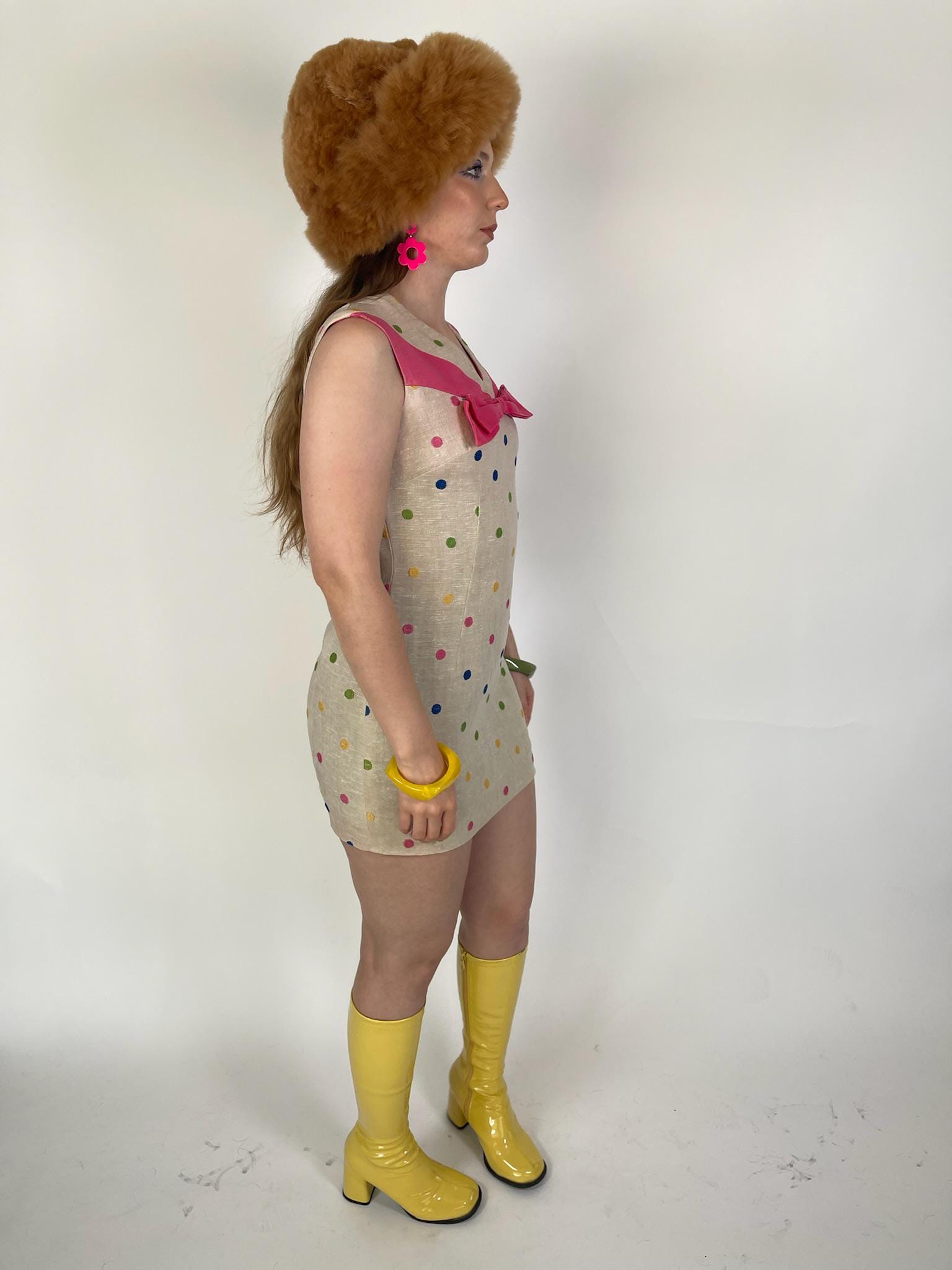 VIntage 60s Tan Mini Dress With Embroidered Polka Dots - Fits Size XS-S