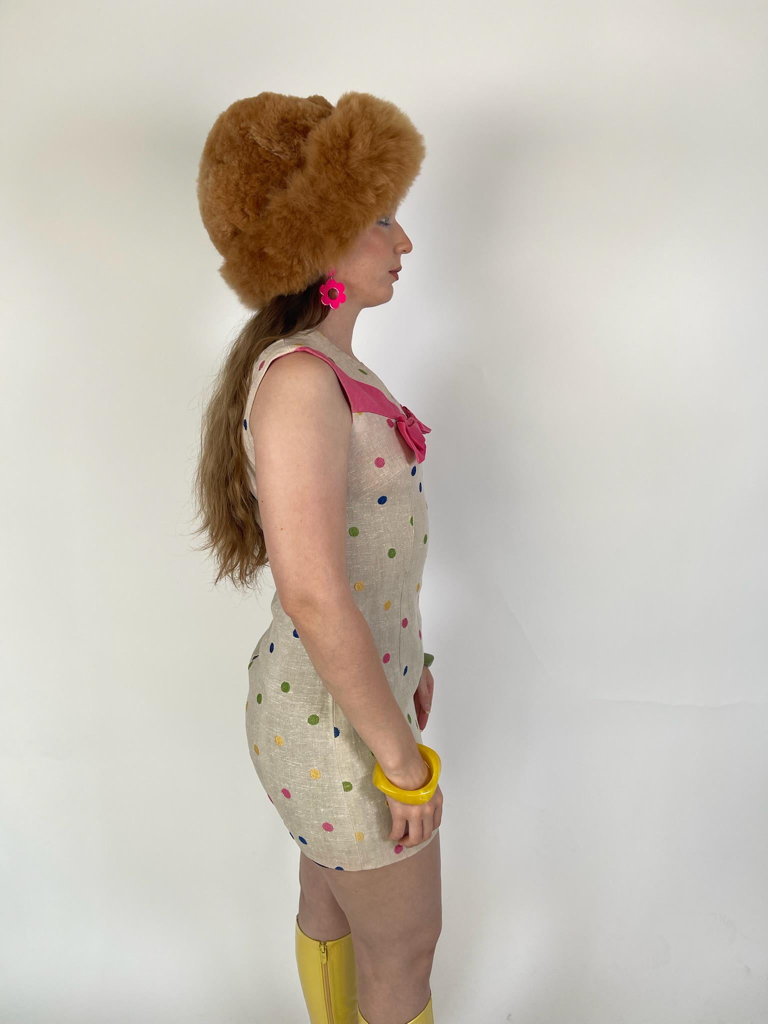 VIntage 60s Tan Mini Dress With Embroidered Polka Dots - Fits Size XS-S