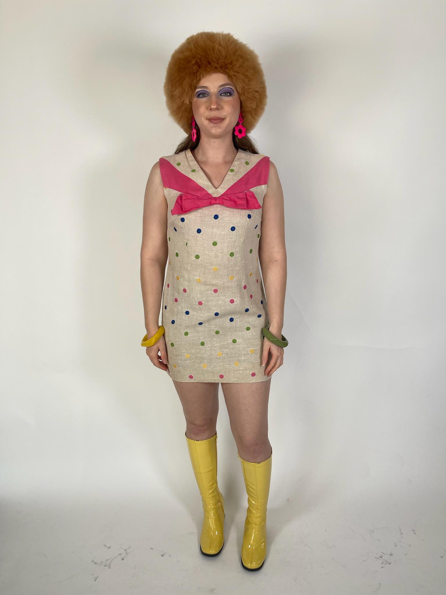VIntage 60s Tan Mini Dress With Embroidered Polka Dots - Fits Size XS-S