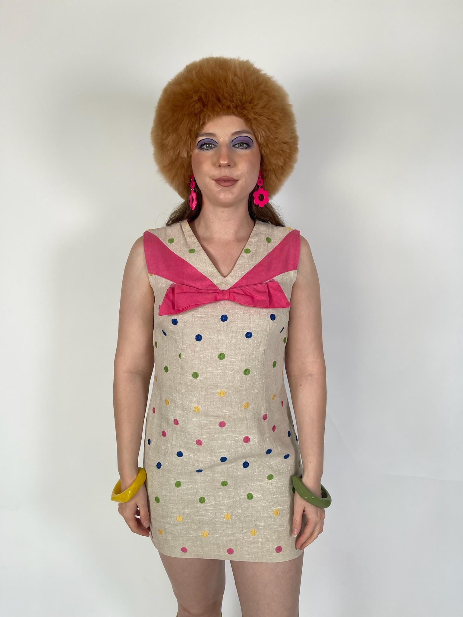 VIntage 60s Tan Mini Dress With Embroidered Polka Dots - Fits Size XS-S