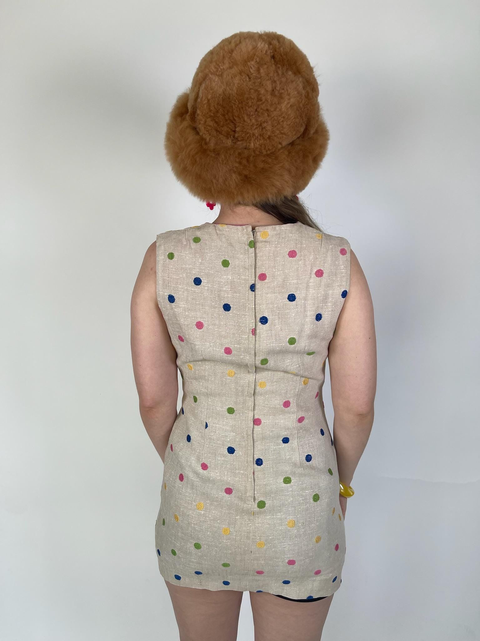 VIntage 60s Tan Mini Dress With Embroidered Polka Dots - Fits Size XS-S