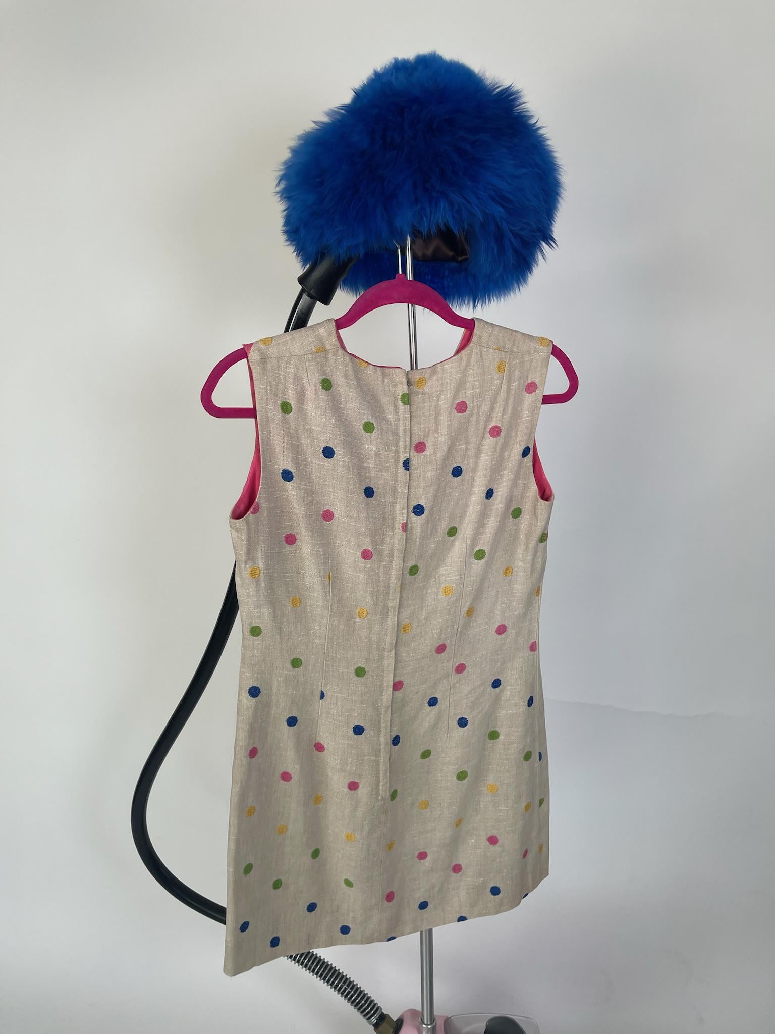 VIntage 60s Tan Mini Dress With Embroidered Polka Dots - Fits Size XS-S