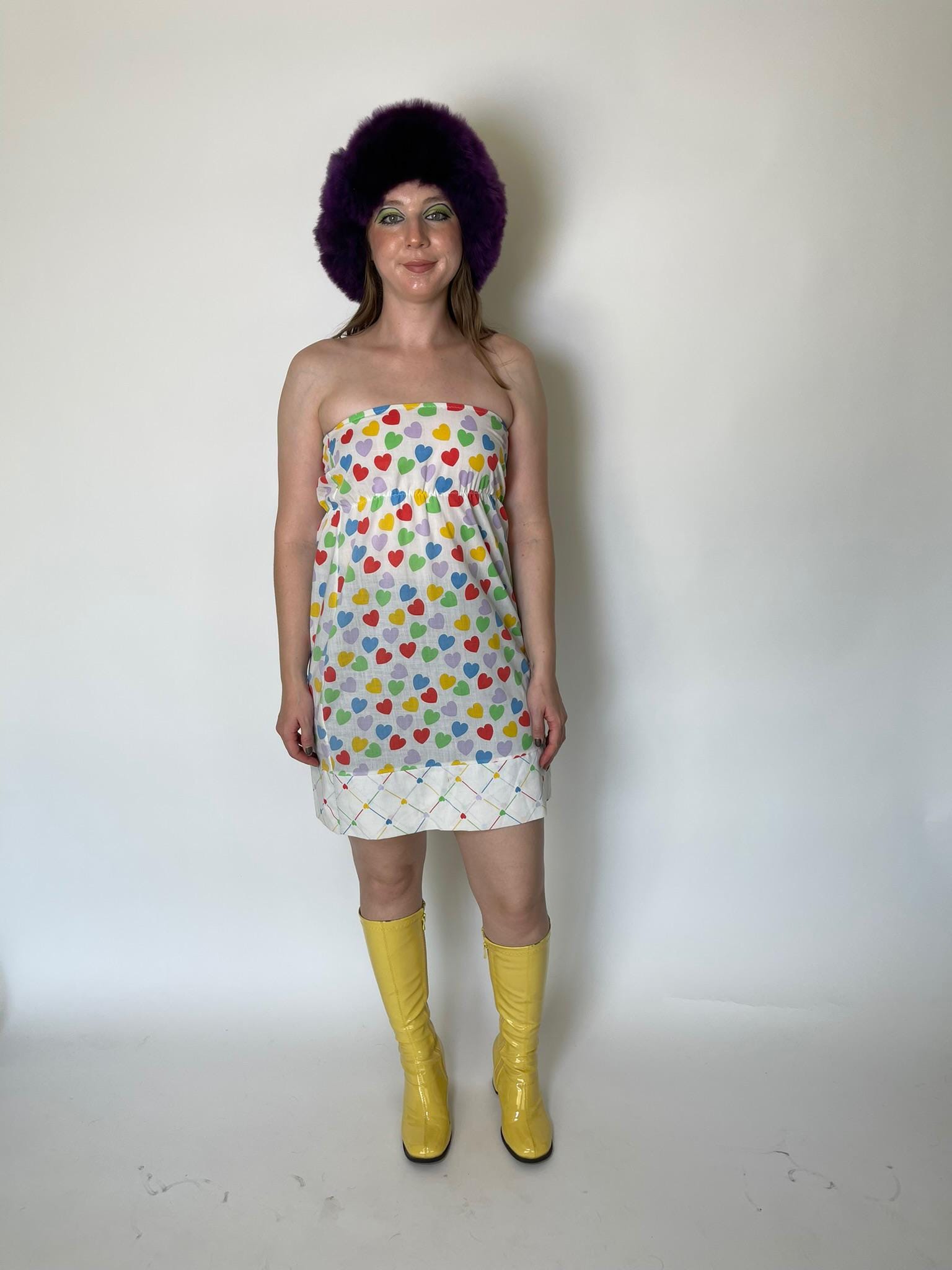 Vintage 70s Strapless Cotton Heart Print Mini Dress
