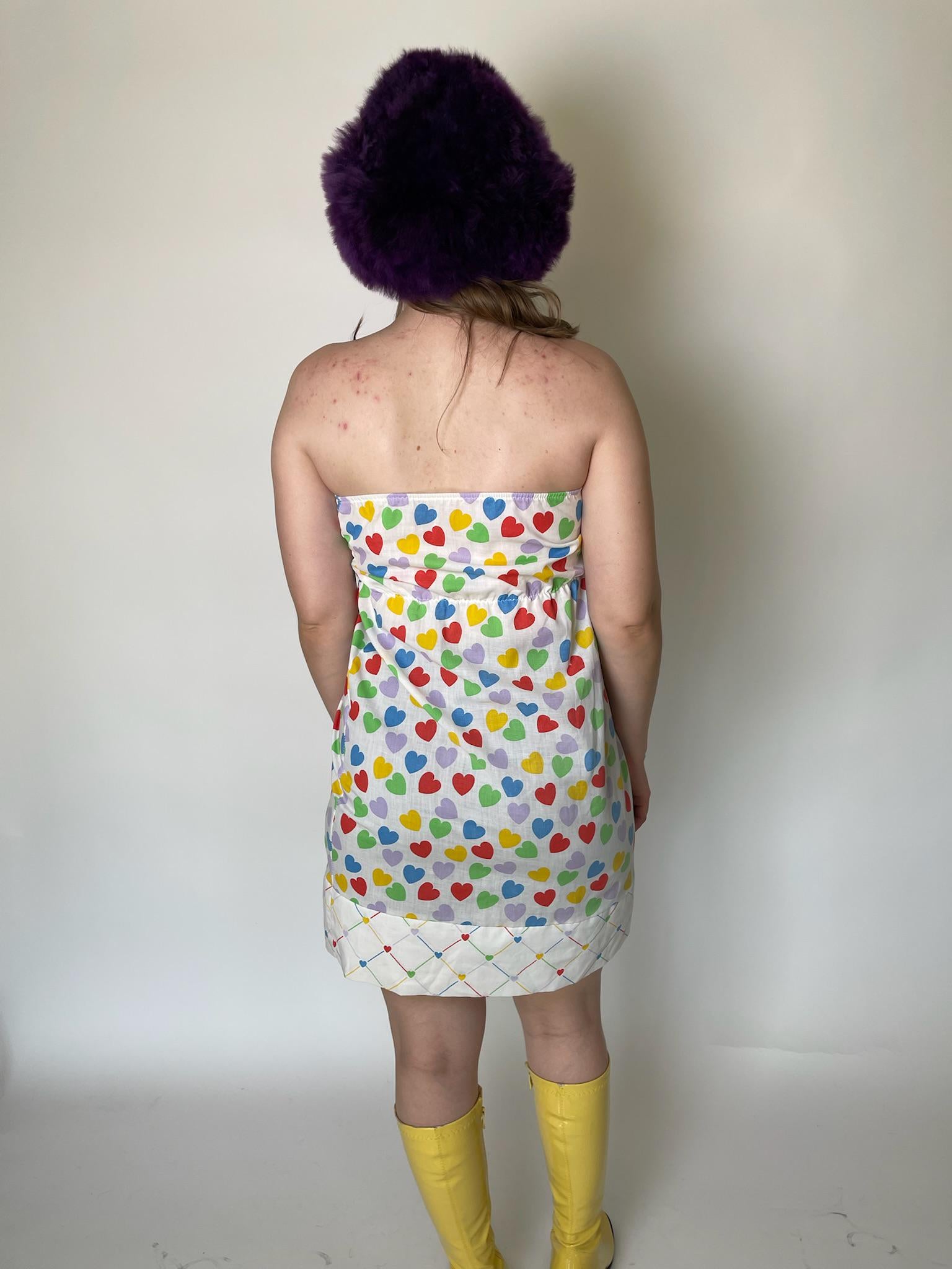 Vintage 70s Strapless Cotton Heart Print Mini Dress - Fits Size XS-S