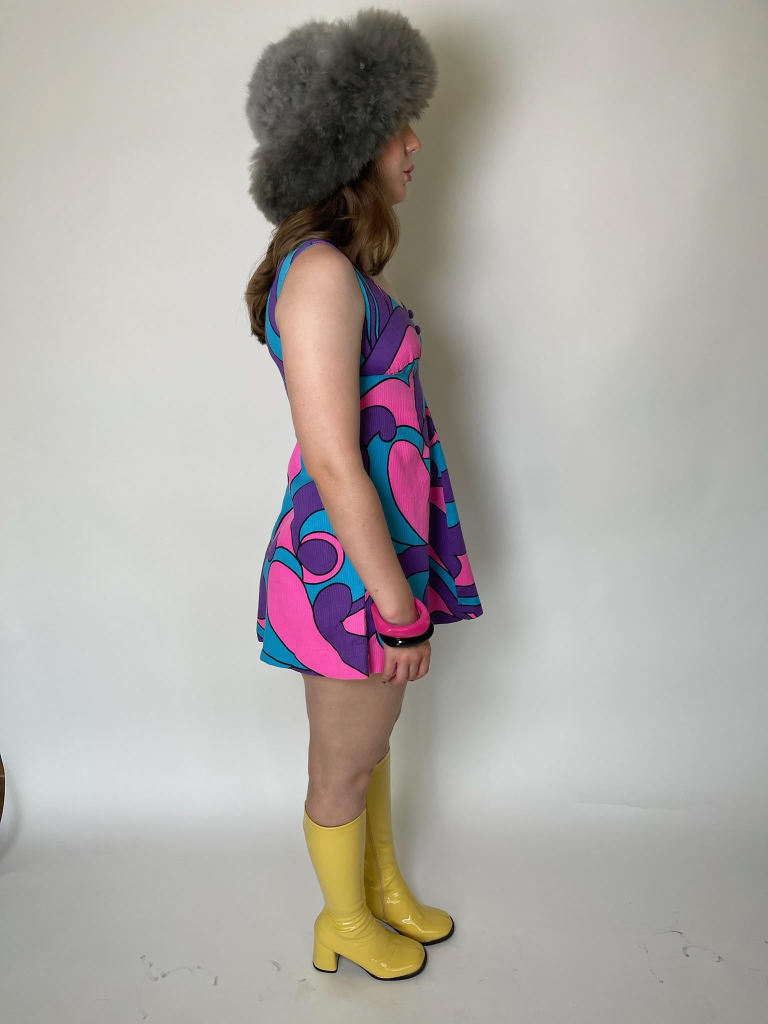 Vintage 60s "Malama Hawaii" Blue Pink & Purple Mini Dress - Fits Size XS-S